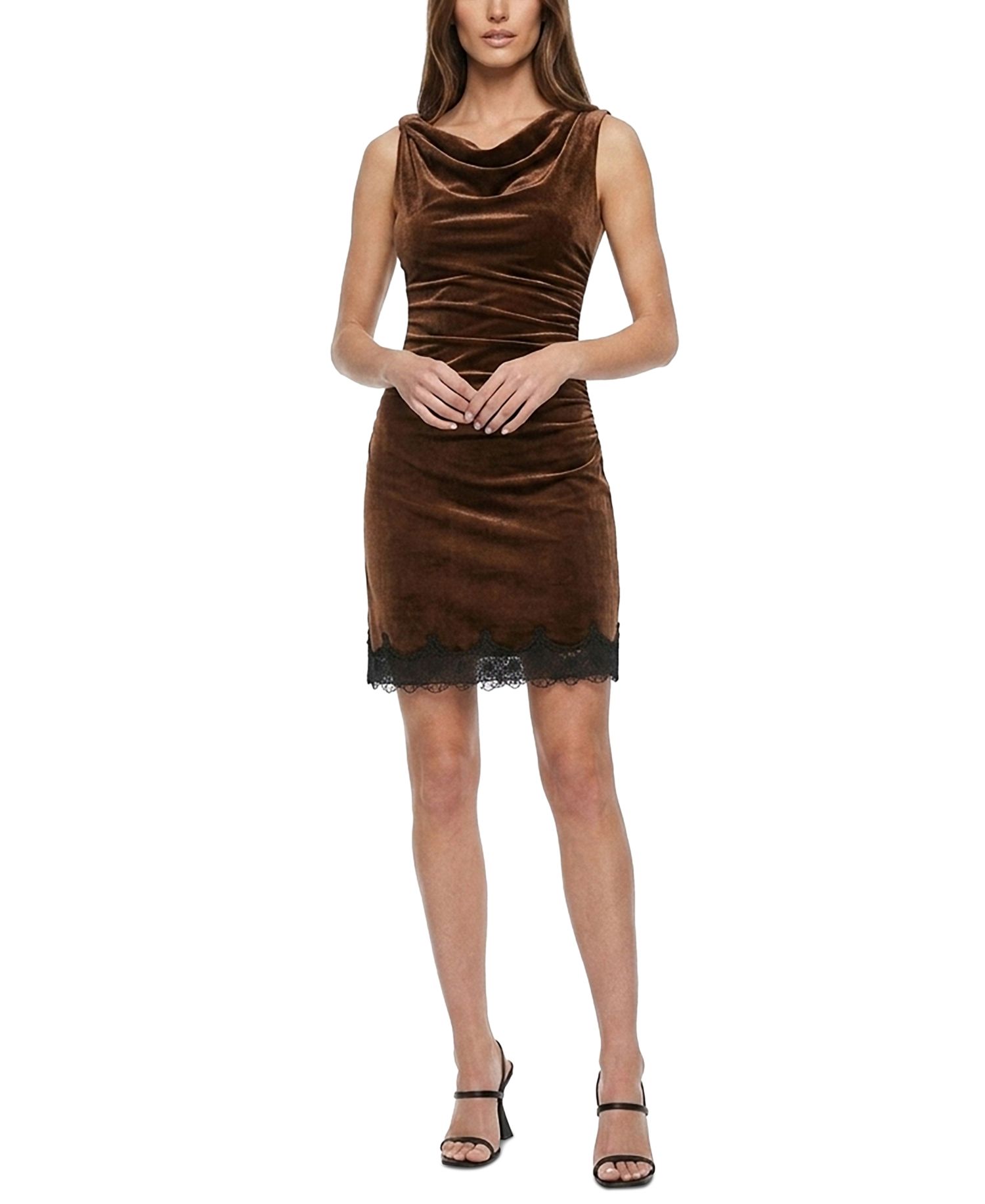 Women's Velvet Cowl Neck Lace Trim Mini Dress