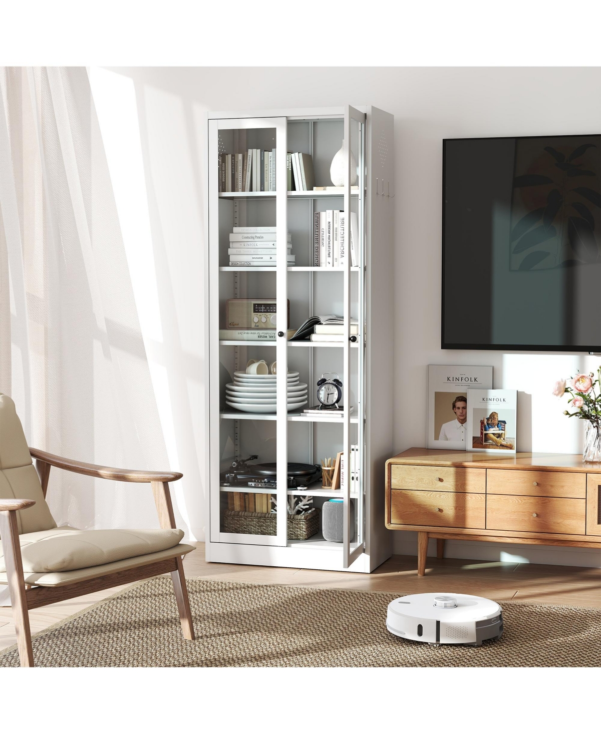 Boyel Living 72 Inch Tall Steel 5 Shelf Narrow Storage Cabinet with Glass Door