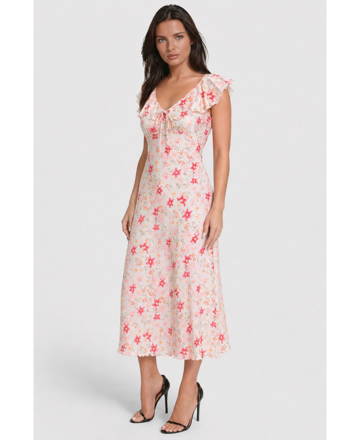 Bebe Women's Floral-Print Ruffled Satin Maxi Dress