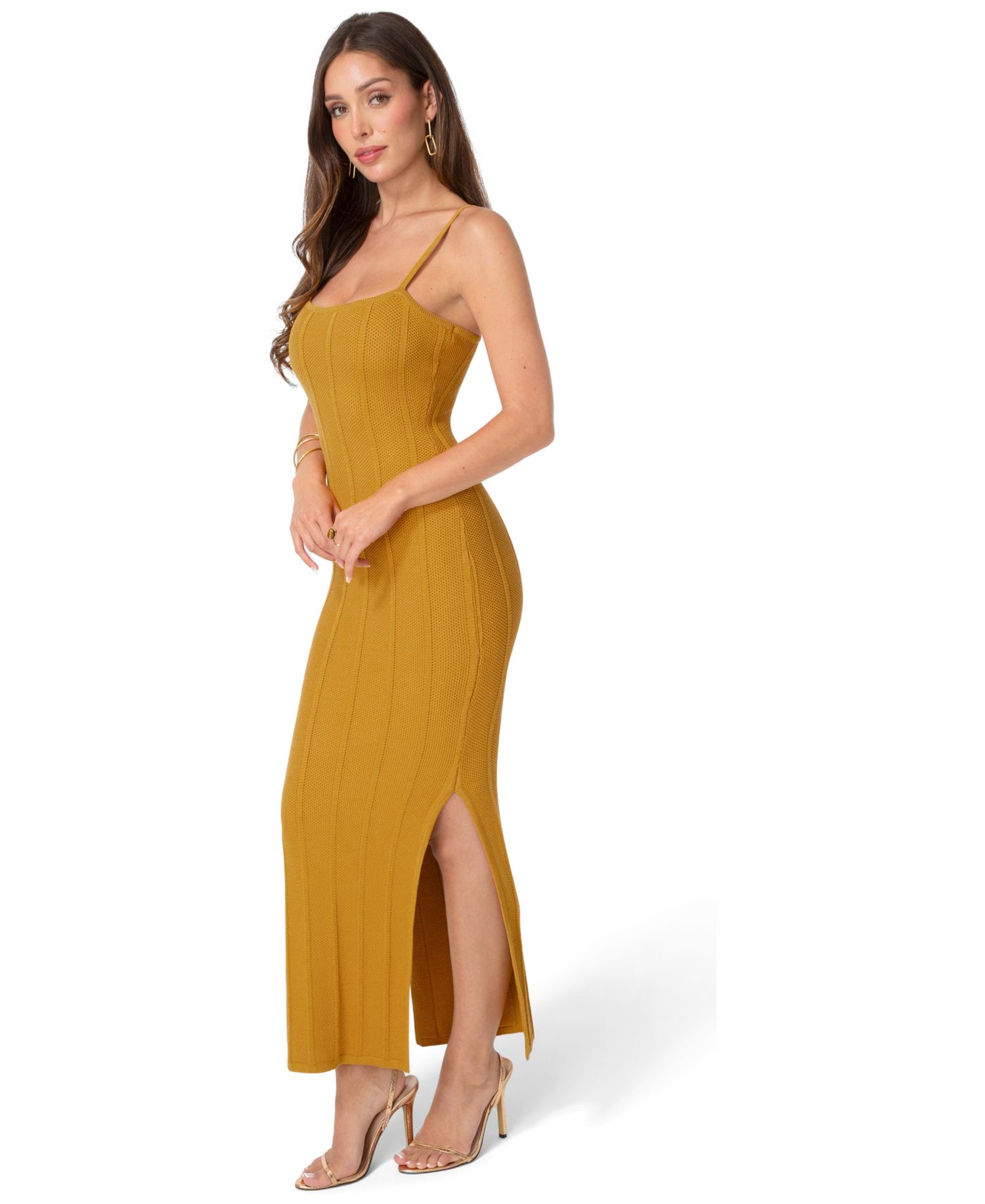 Women's Ribbed Knit Square Neck Bodycon Side-Slit Maxi Dress