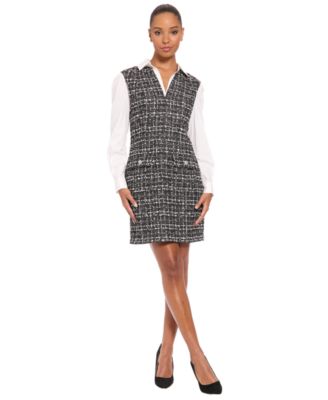 Petite Tweed Twofer Collared A-Line Dress