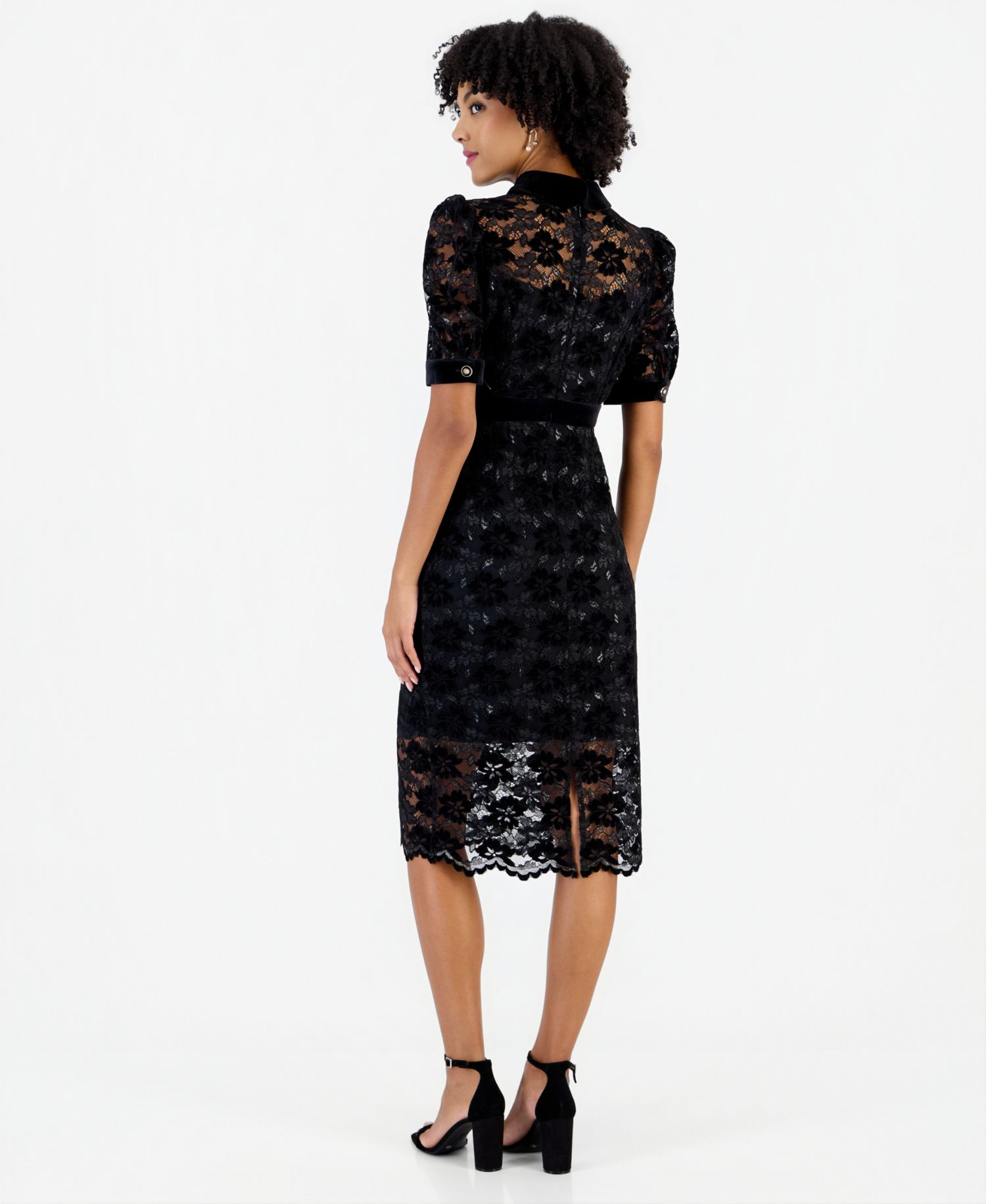 Women's Lace and Velvet Floral Midi Shirt Dress