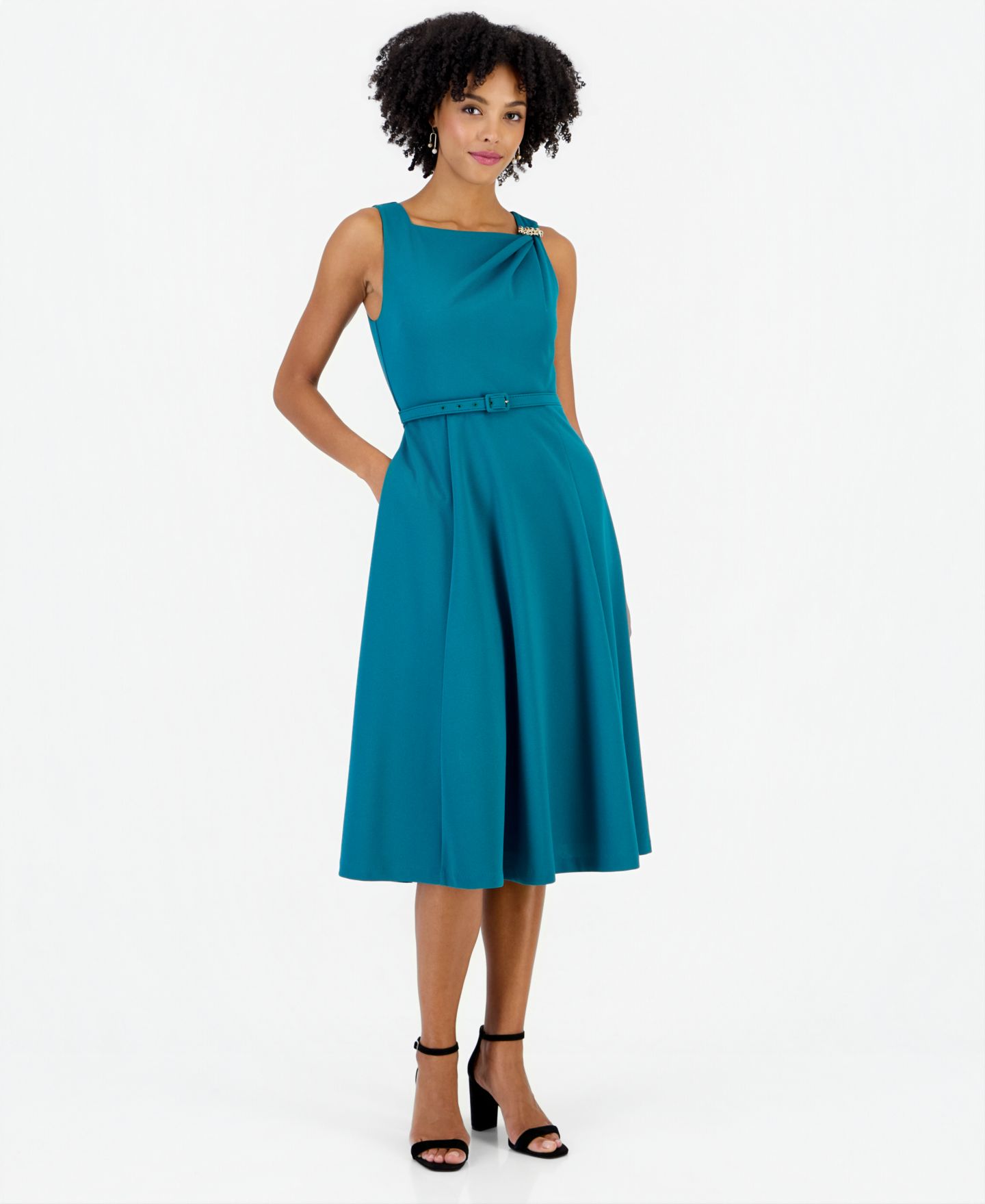 Женское платье Tahari ASL Embellished Tank A-Line Square Neck Midi, цвет: Бирюзовый — фото 1
