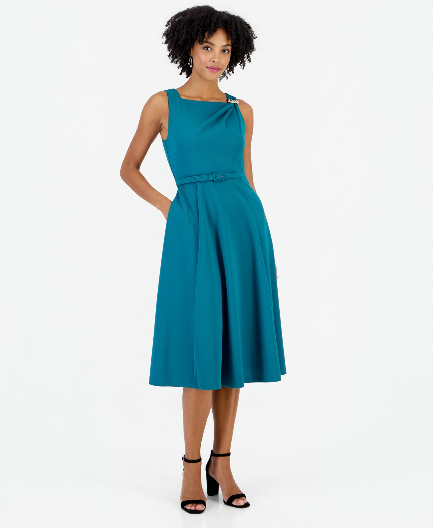 Women's Embellished Tank A-Line Square Neck Midi Dress
