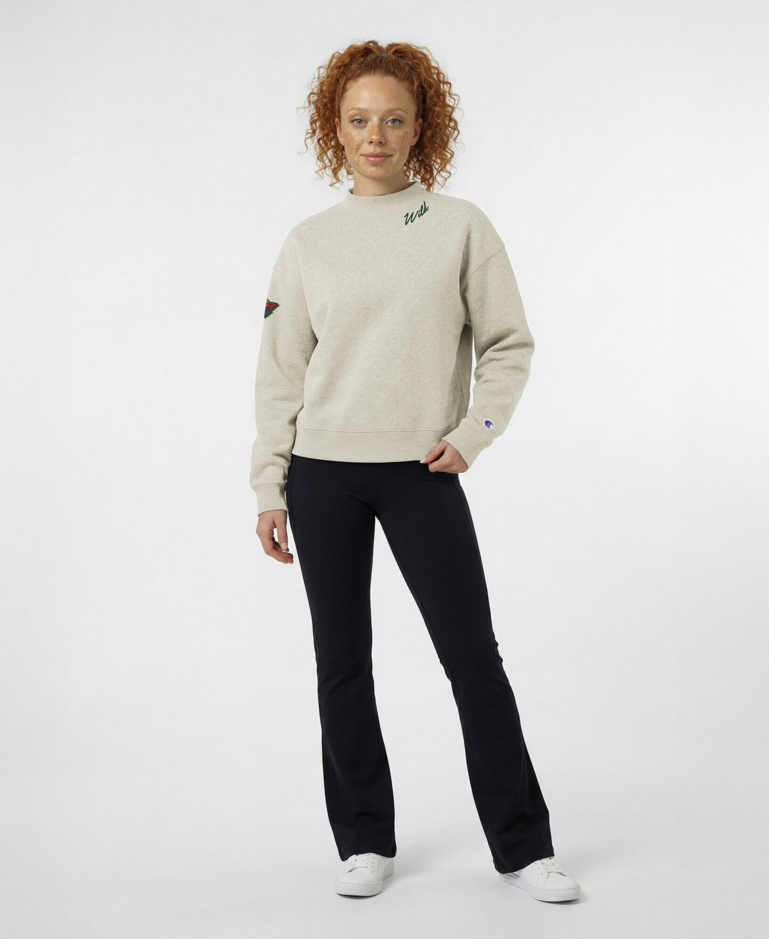 Women's Oatmeal Minnesota Wild Collar Script Triumph Fleece Crewneck Sweatshirt