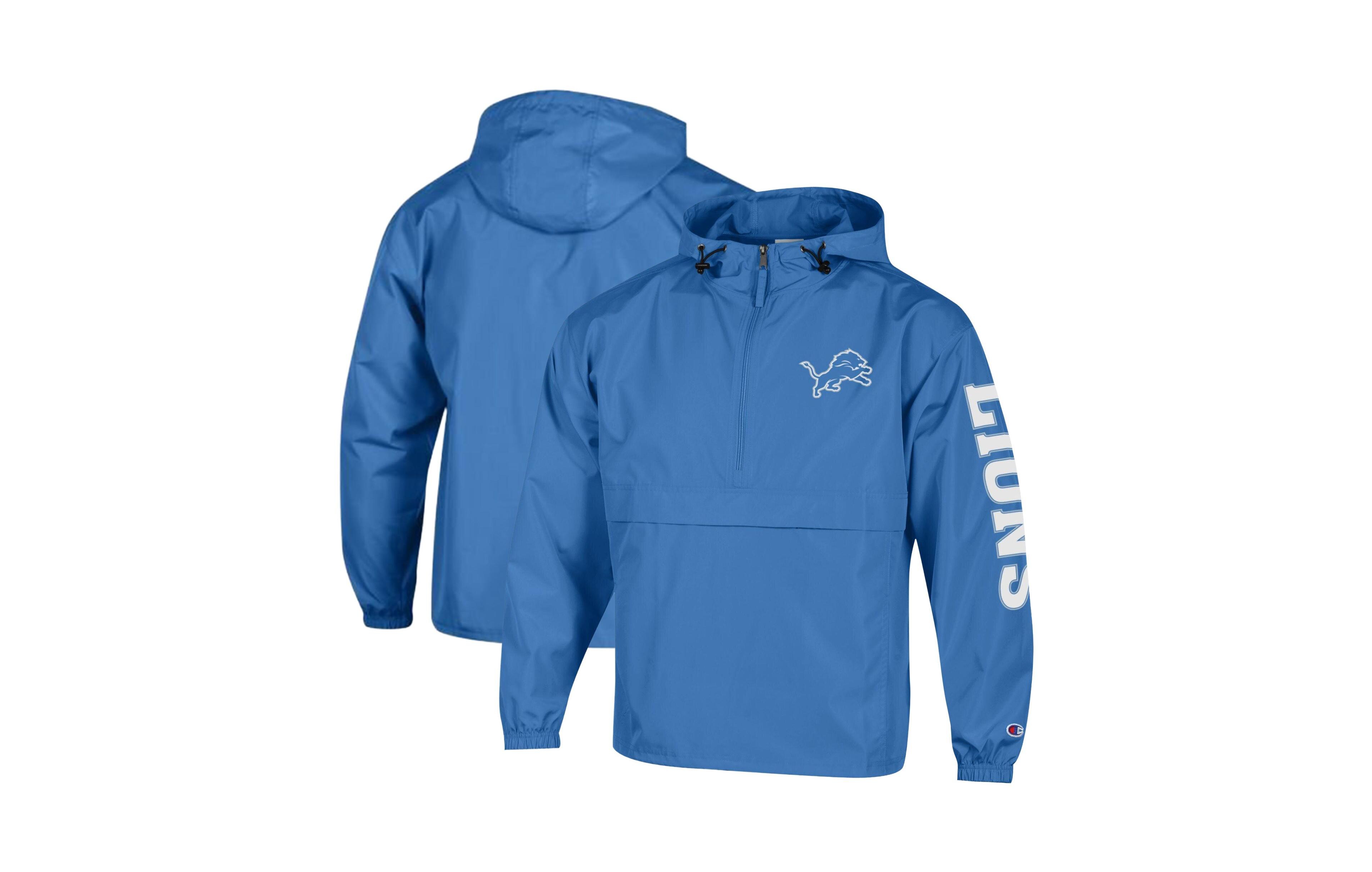 Champion Men's Blue Detroit Lions Packable Hooded Windbreaker Half-Zip Sweatshirt