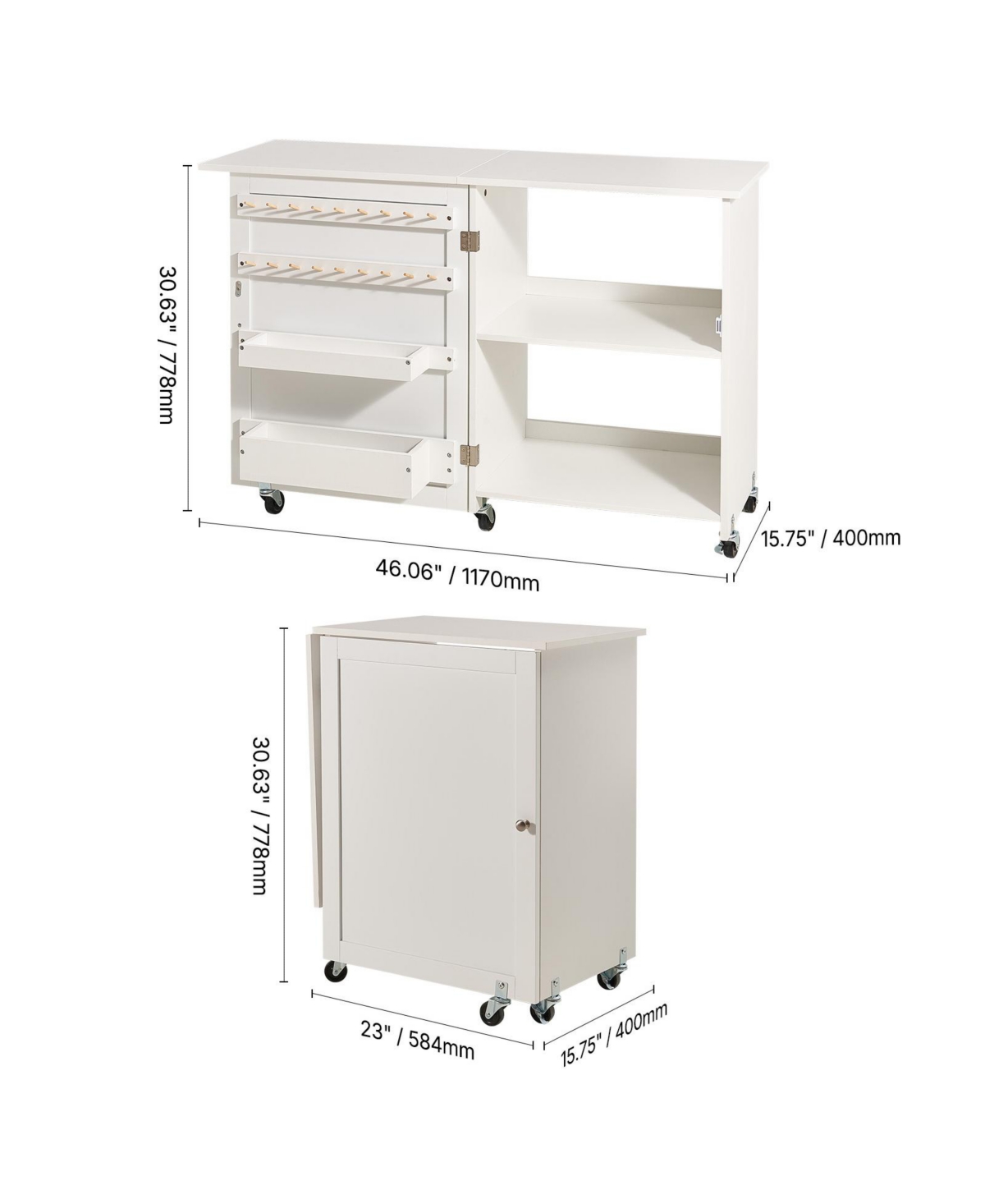 Sevorley Folding Sewing Machine Table with Storage Shelves, Wheels and Magnetic Doors