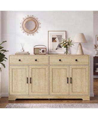 63 Inch Farmhouse Sideboard Buffet Cabinet Wood Storage Credenza with 2 Drawers and Adjustable Shelves Anti-Tip Coffee Bar for Kitchen Entryway