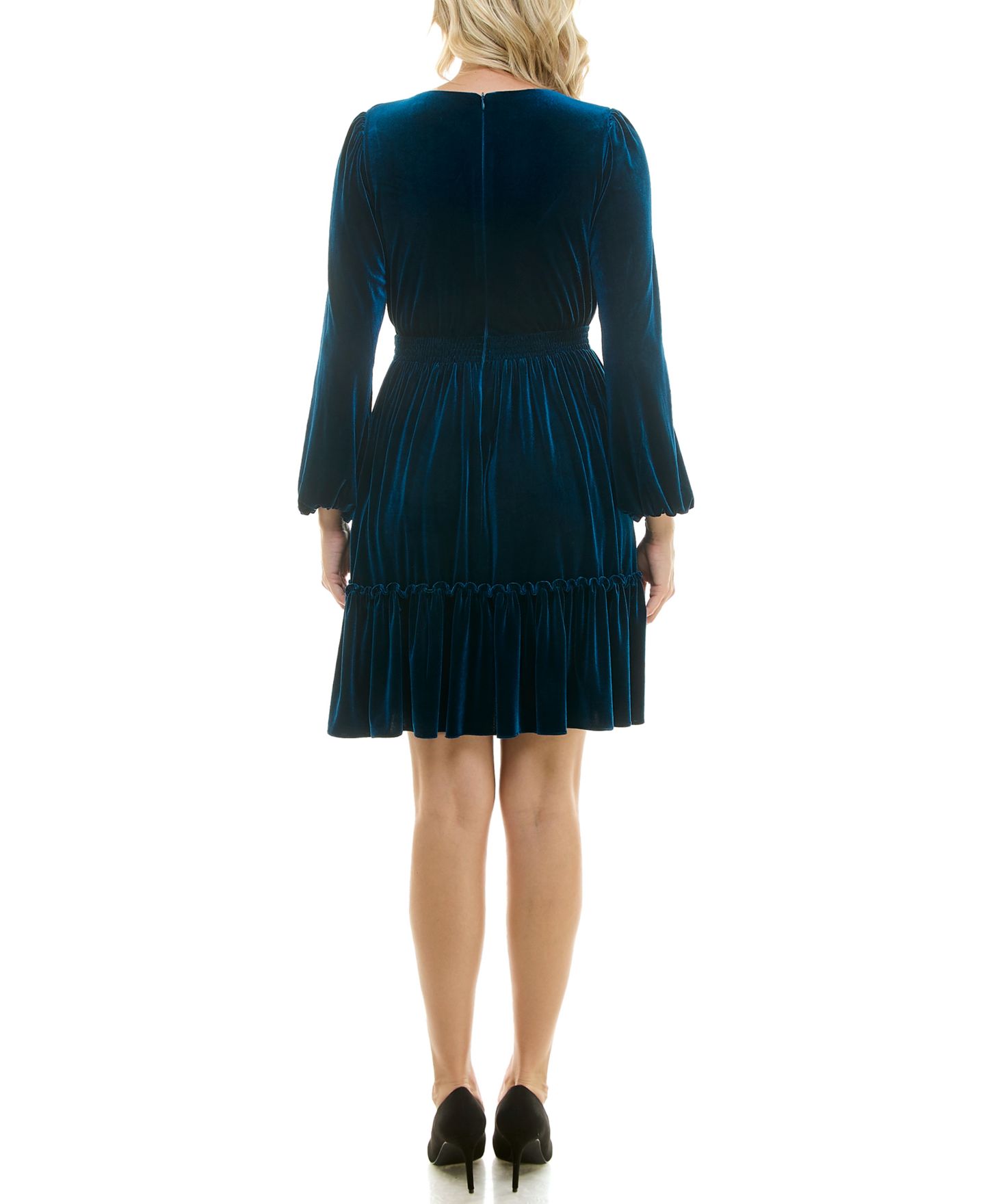 Женское платье Taylor V-Neck Smocked-Waist Long-Sleeve Velvet, цвет: Синий — фото 4