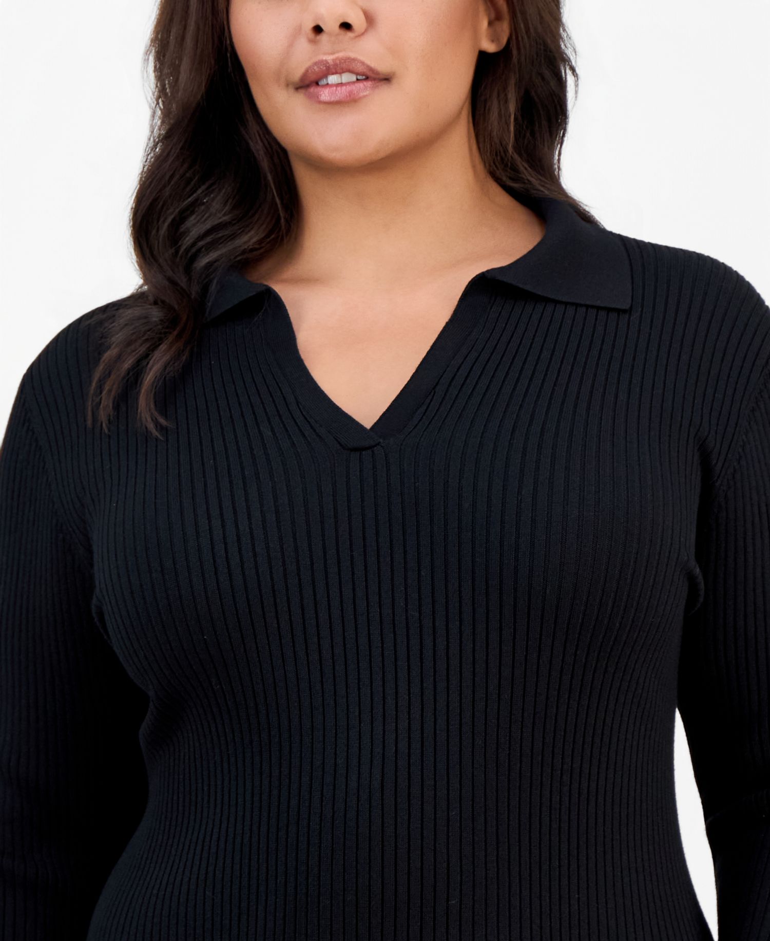 Plus Size Long-Sleeve Bodycon Polo Collar V-Neck Rayon-Polyester Blend Midi Dress