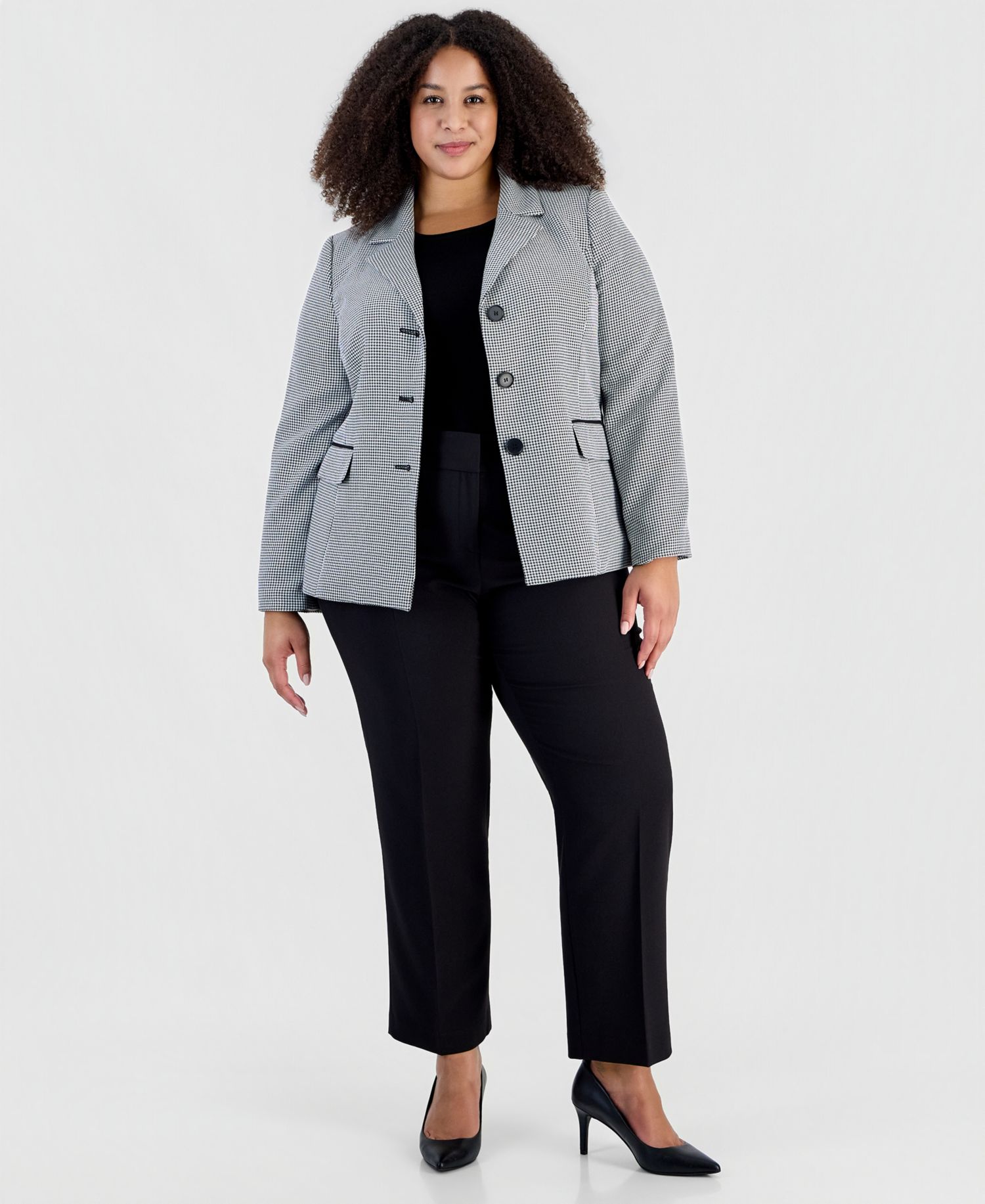Plus Size Houndstooth Three-Button Slim-Fit Jacket and Pant, 2-Piece Set