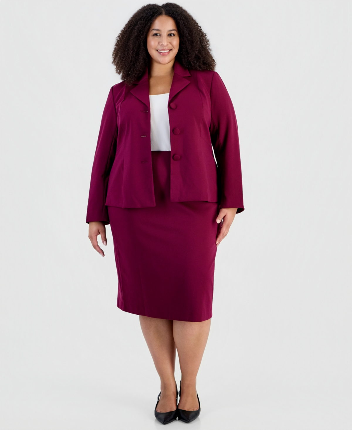 Le Suit plus Size Peplum Pencil Notched-Collar Jacket and Skirt, 2-Piece Set - Bordeaux