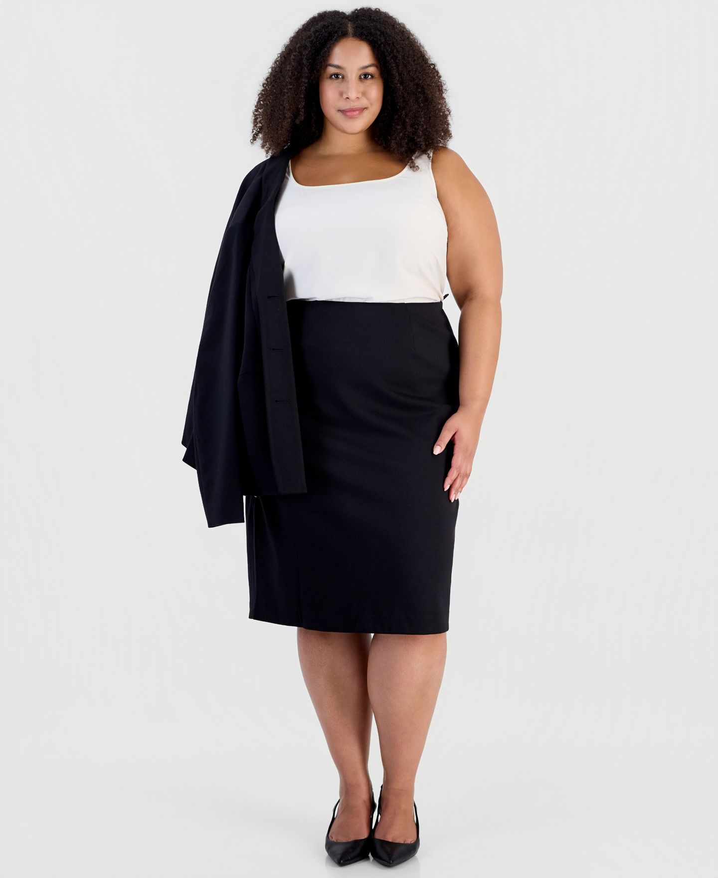Le Suit Plus Size Peplum Pencil Notched-Collar Jacket and Skirt, 2-Piece Set, цвет: Чёрный — фото 4