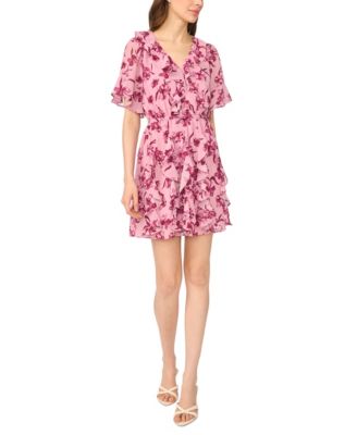 Women's Waterfall Ruffle Short-Sleeve Mini Floral V-Neck Dress