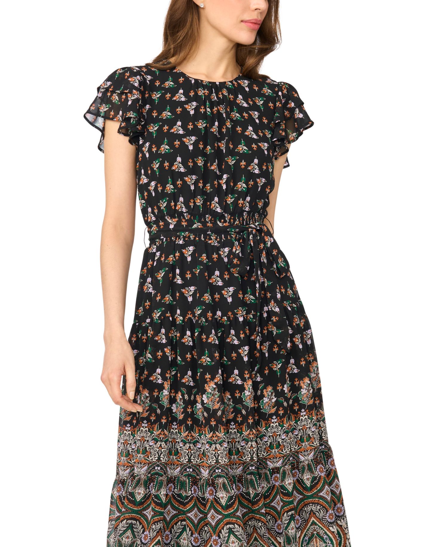 Women's Flutter-Sleeve Tie-Waist Midi Dress