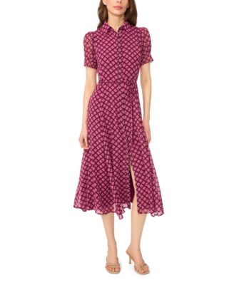 Women's Scalloped Geometric-Print Short-Sleeve Midi Dress