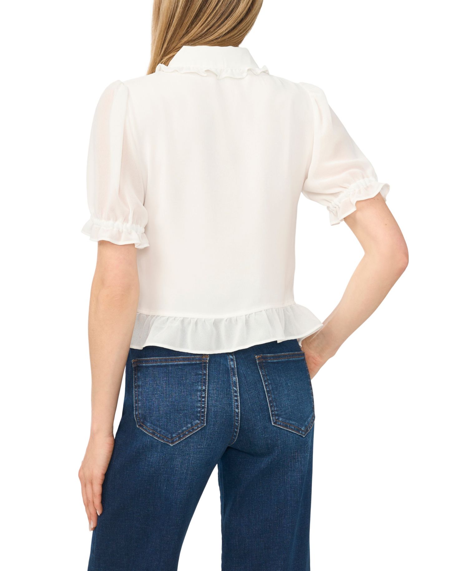 Women's Short-Sleeve Cropped Buttoned Top With Ruffle Collar and Pintucks Blouse