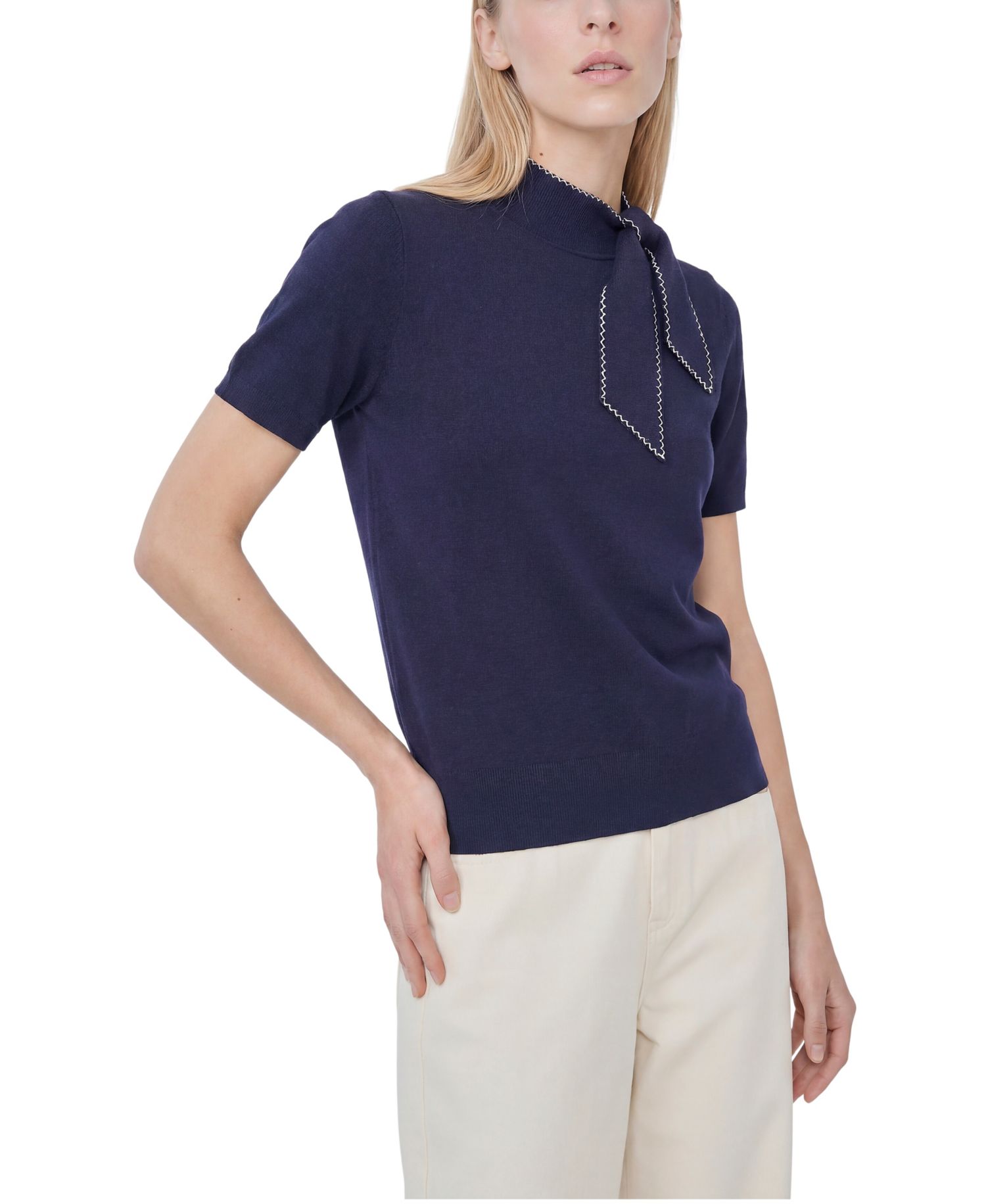 Women's Short-Sleeve Mock-Neck Scarf-Tie-Neck Sweater