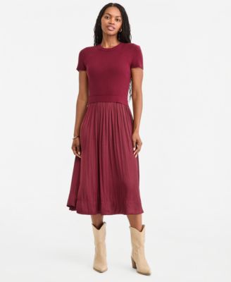 Women's Short-Sleeve Midi Mixed-Media A-Line Dress