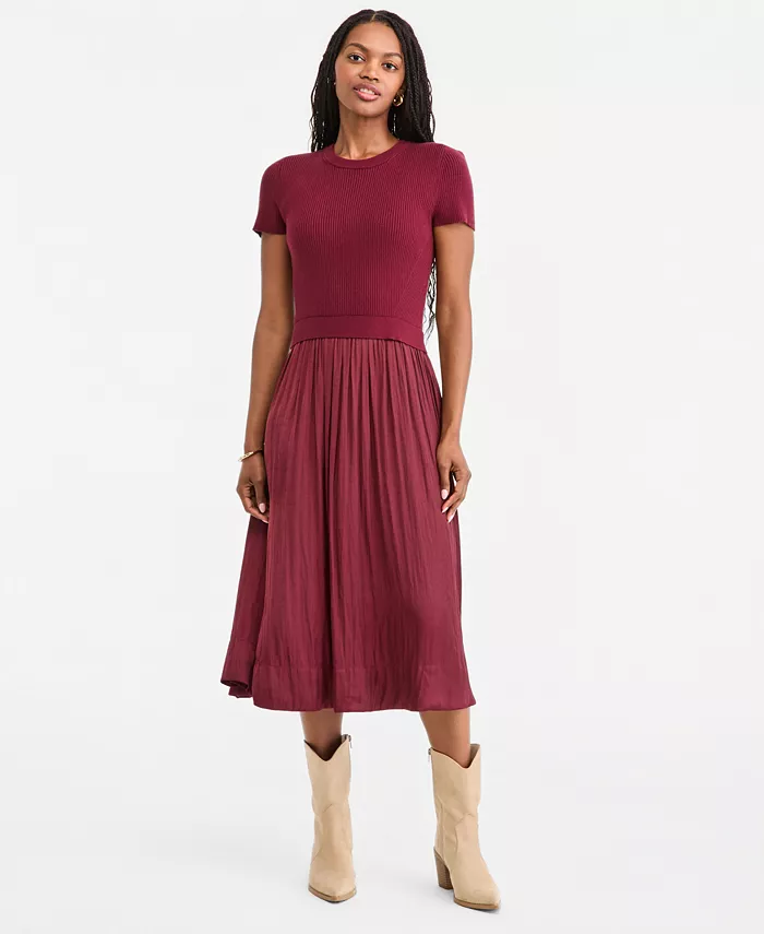 Women's Short-Sleeve Midi Mixed-Media A-Line Dress