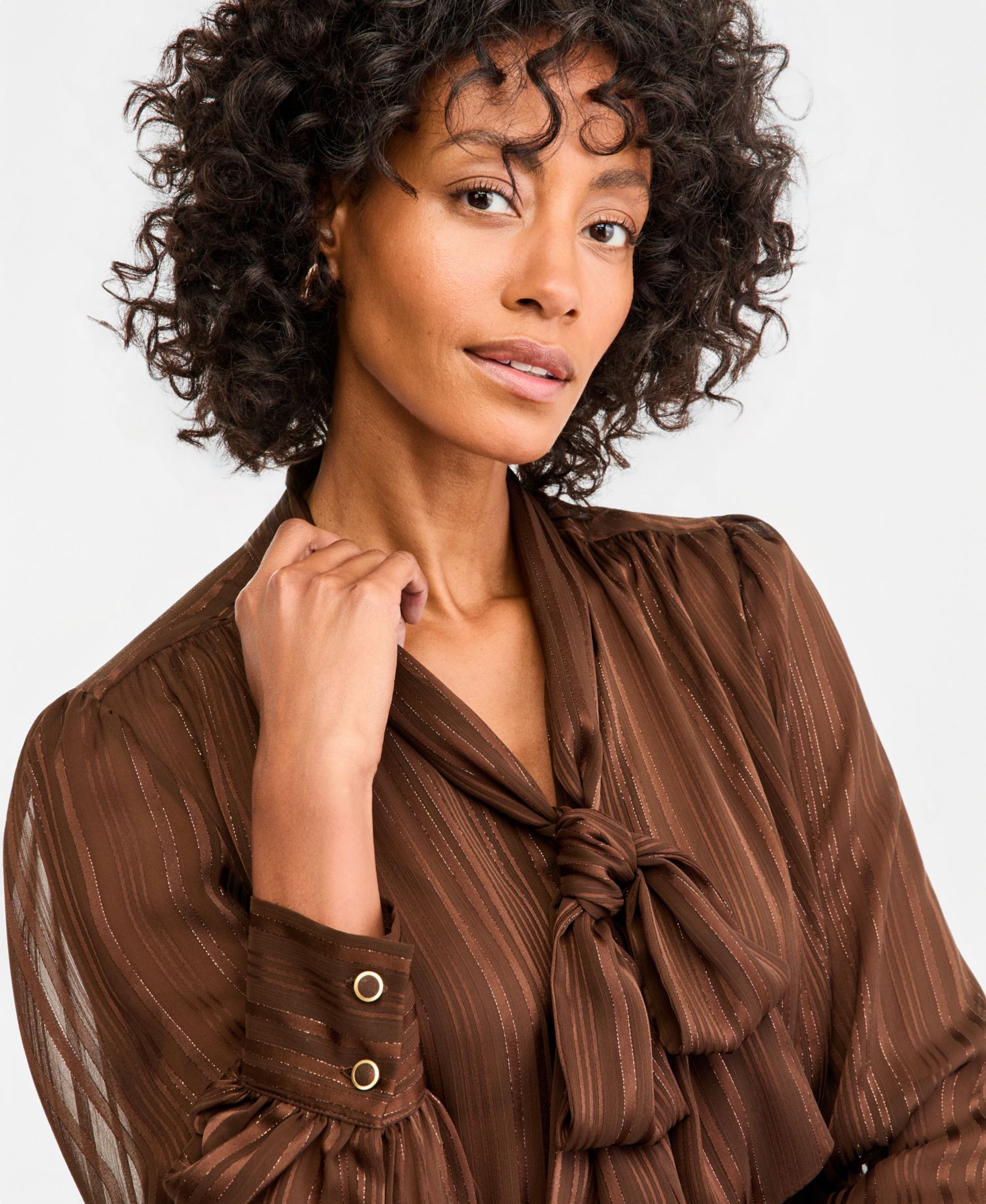 Women's Tie Neck Satin Stripe Long-Sleeve Blouse