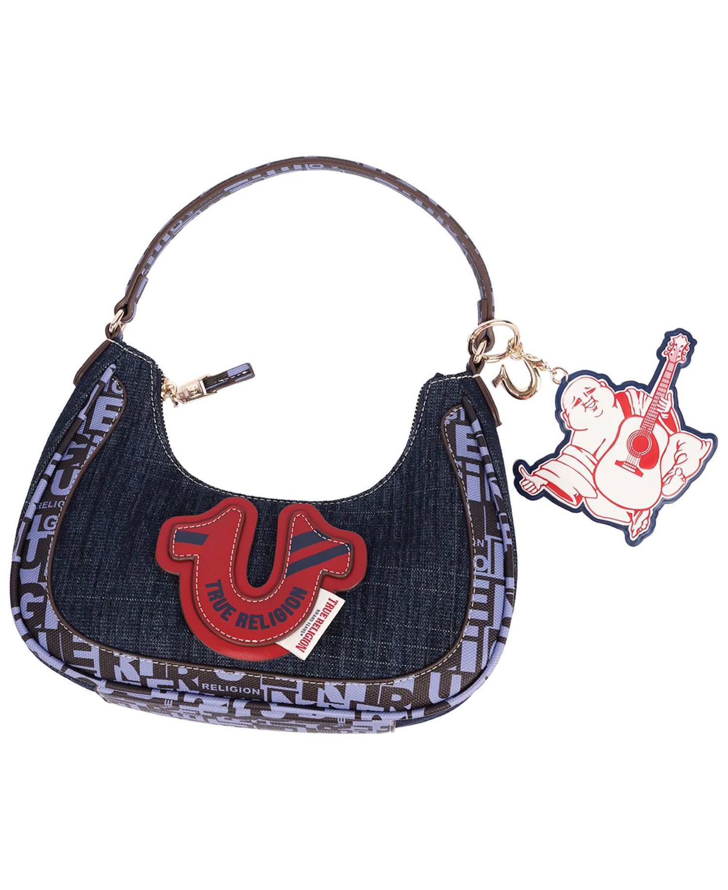 Graphic Trim Denim Hobo Bag with Buddha Charm