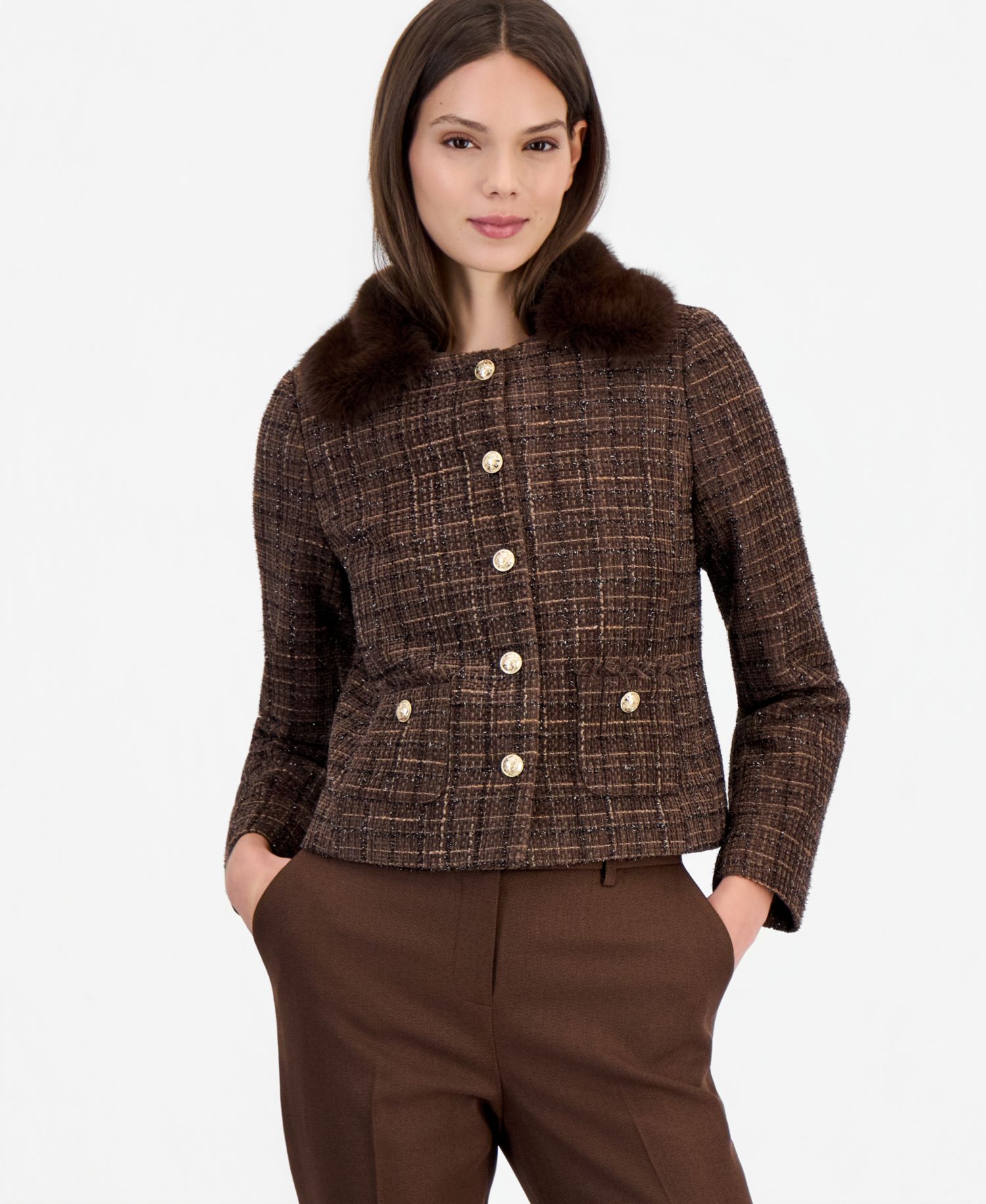 Women's Cropped Boucl&eacute; Plaid Jacket