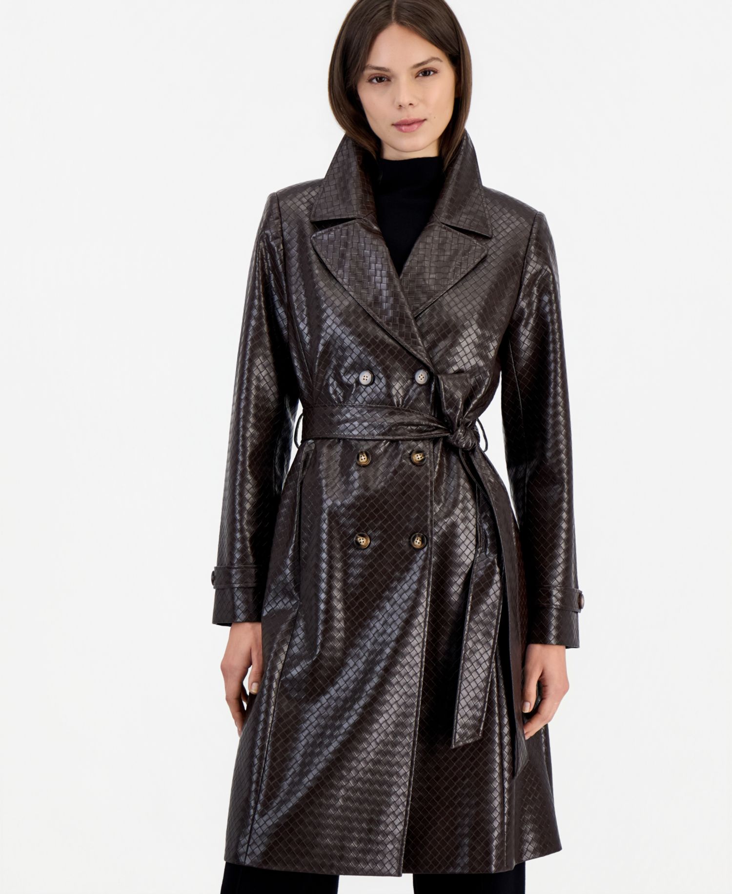 Women's Faux Leather Lined Belted Trench