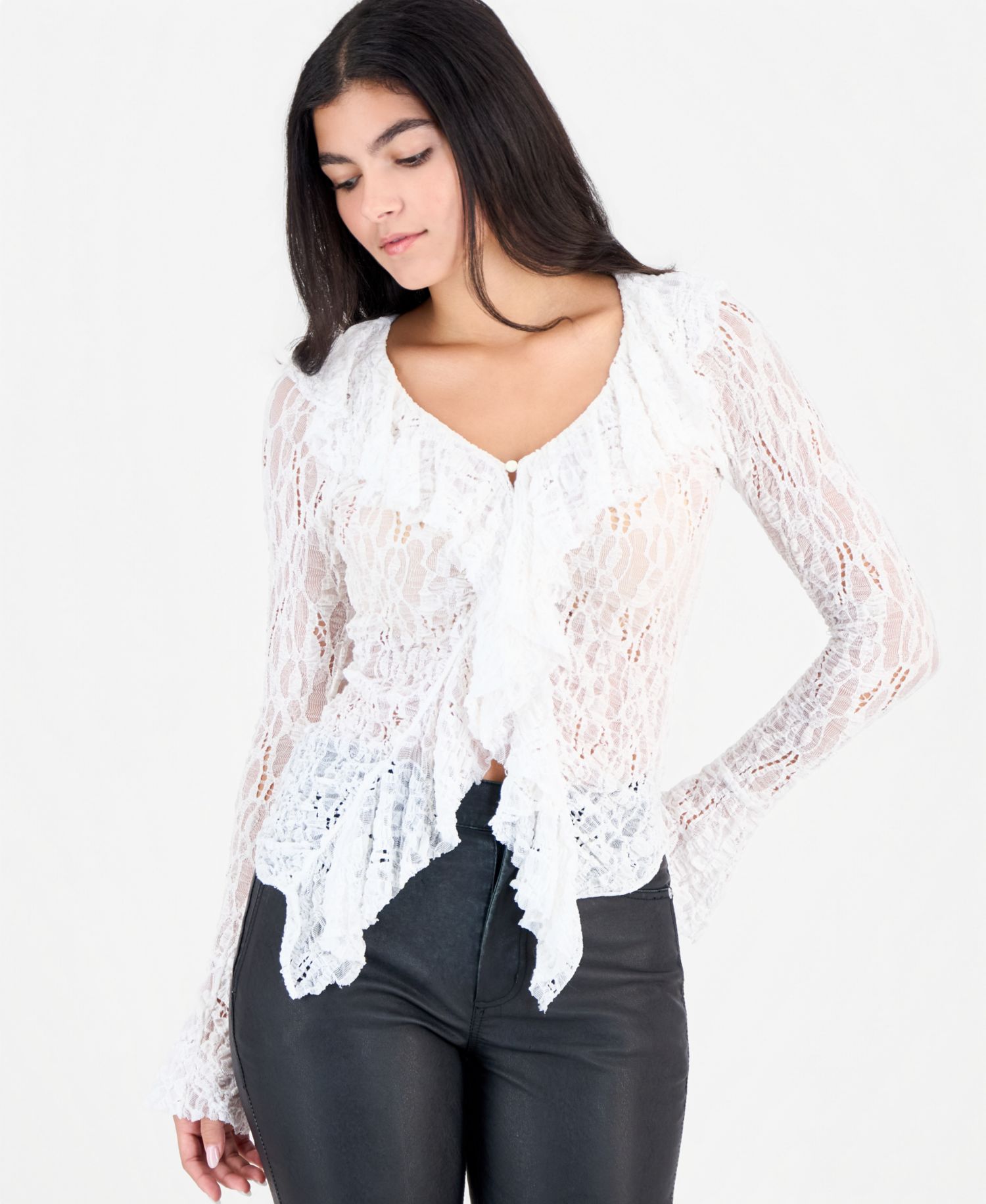 Women's Laney Sheer Ruffled V-Neck Cardigan Sweater