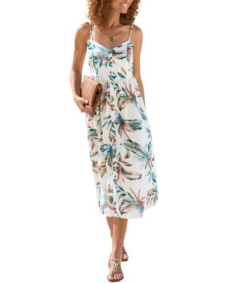 Women's Printed Button Up Panel Smocked A-Line V-Neck Midi Dress