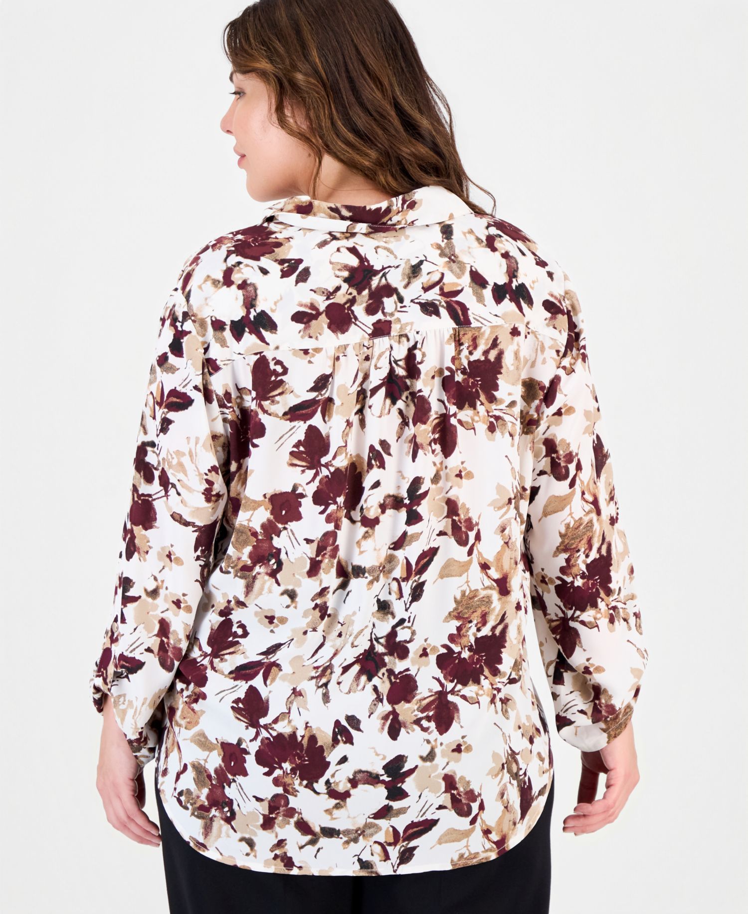 Plus Size Floral Roll-Tab V-Neck Blouse