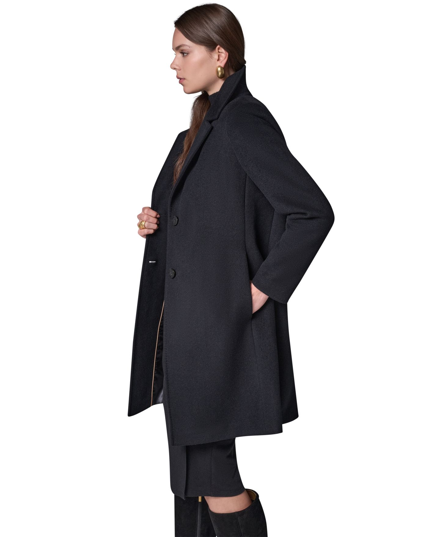 Женское пальто Donna Karan New York Single-Breasted Notch Collar Wool-Cashmere Blend Lined Walker, цвет: Чёрный — фото 3