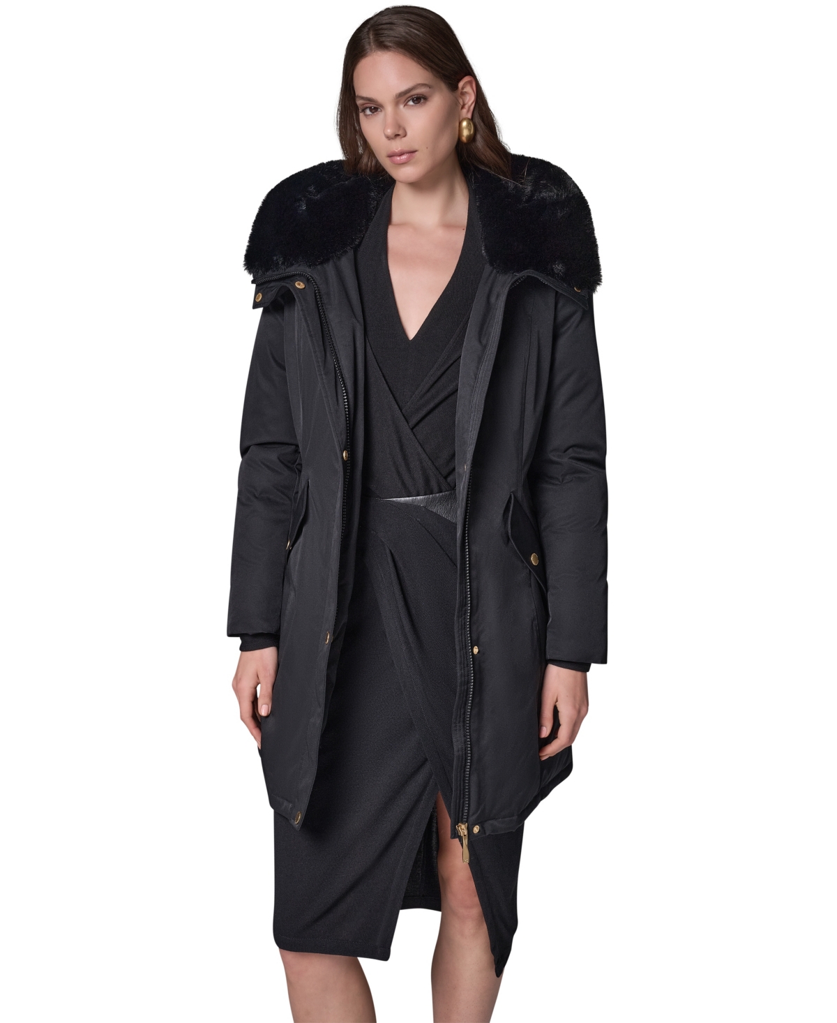 Donna Karan New York Women's Belted Hooded Mid-Length Puffer Coat