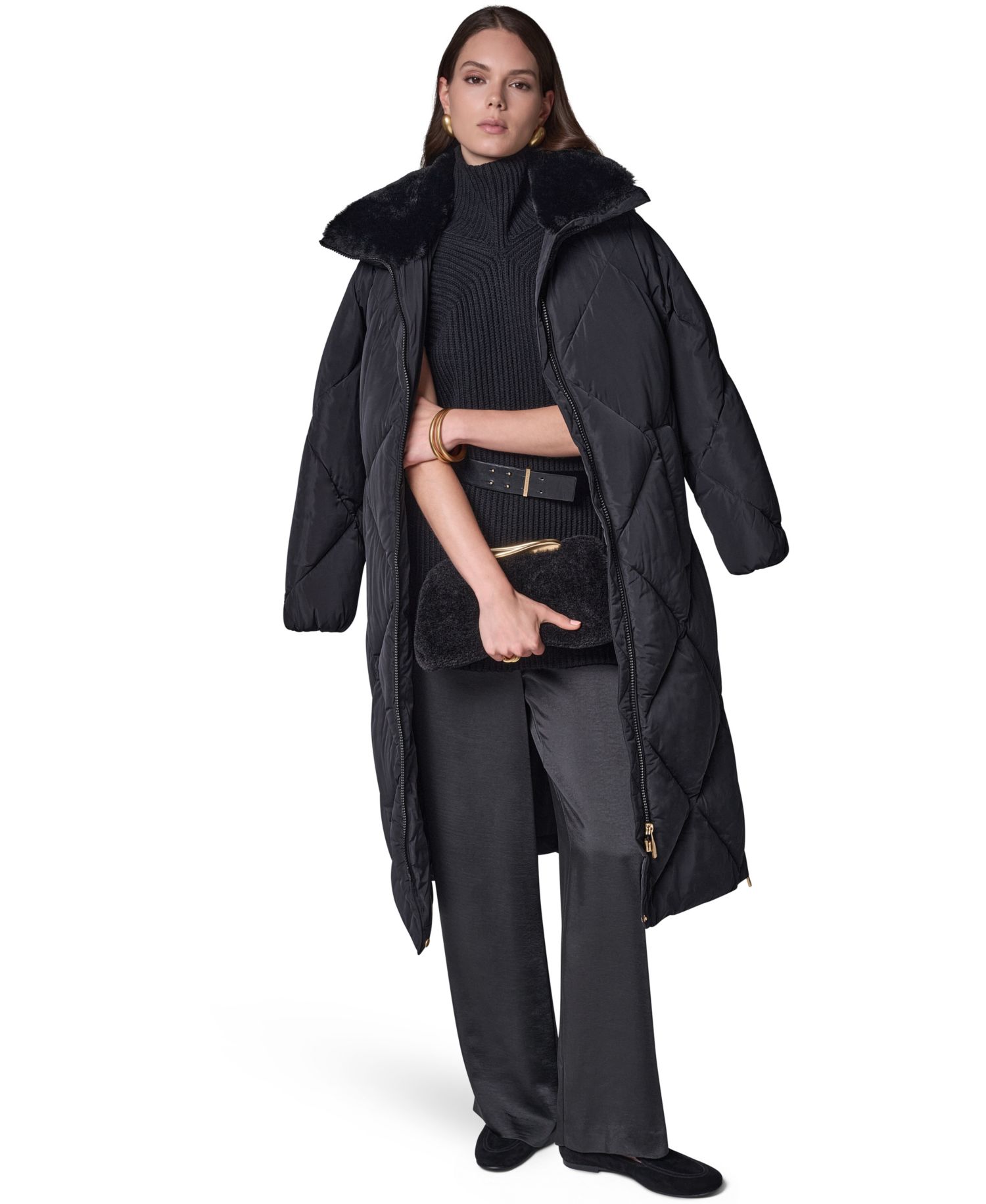 Women's Quilted Midi-Length Faux Fur-Trimmed Puffer Coat