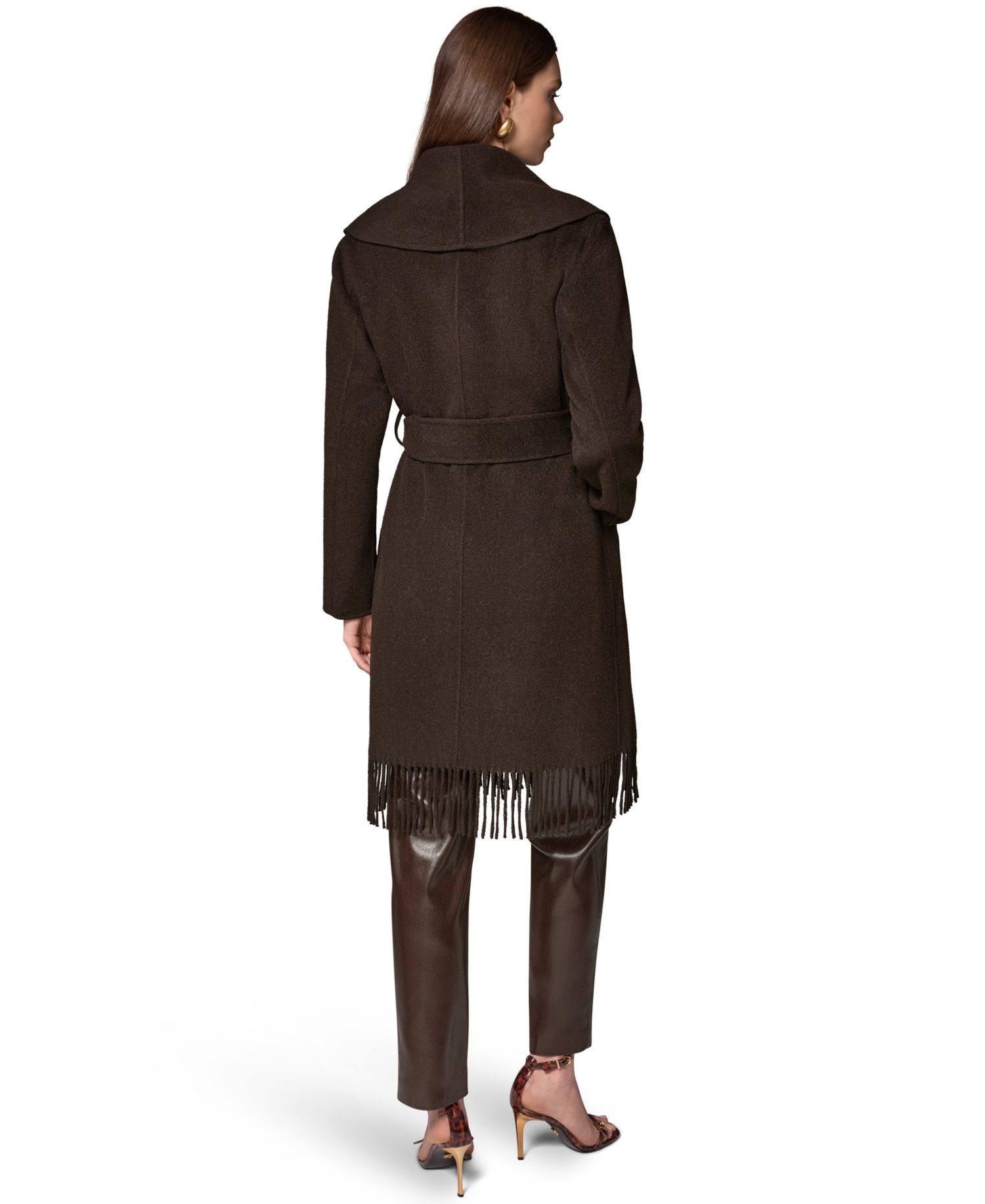 Women's Belted Fringe Wool-Blend Shawl-Collar Mid-Length Coat