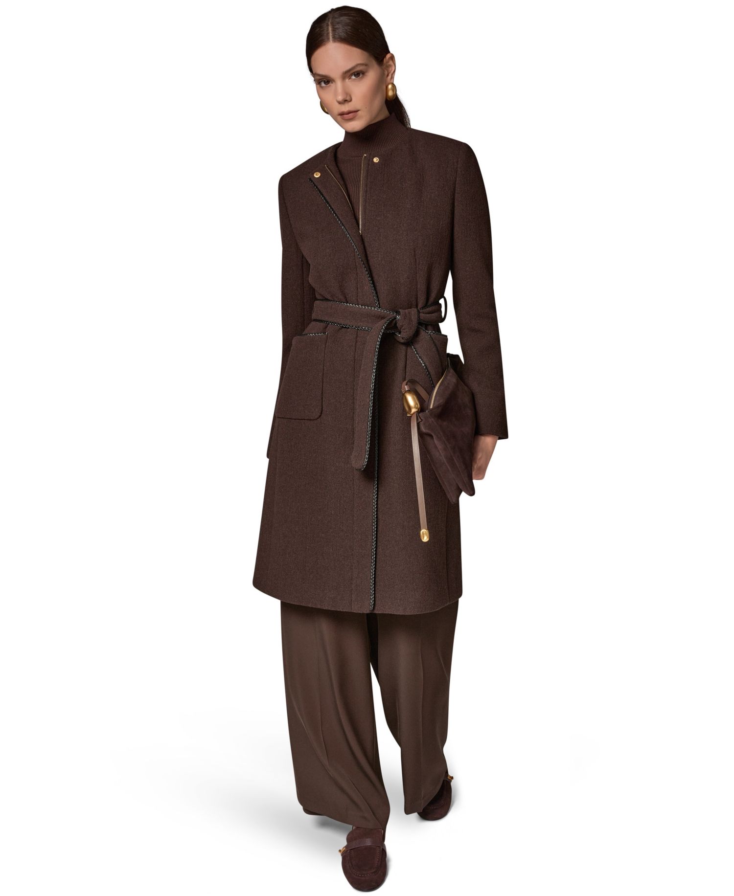 Women's Collarless Wool-Blend Pleather Trim Coat