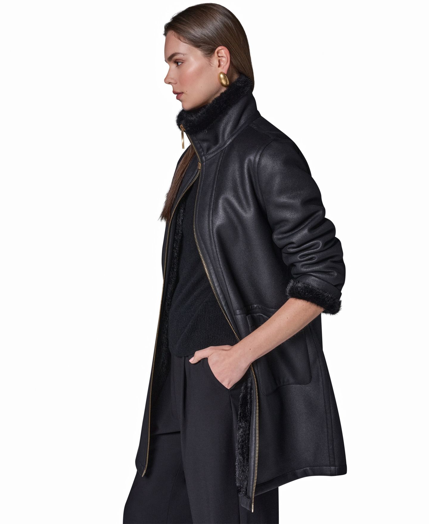 Женское пальто Donna Karan New York из искусственной овчины с отложным воротником, цвет: Чёрный — фото 3