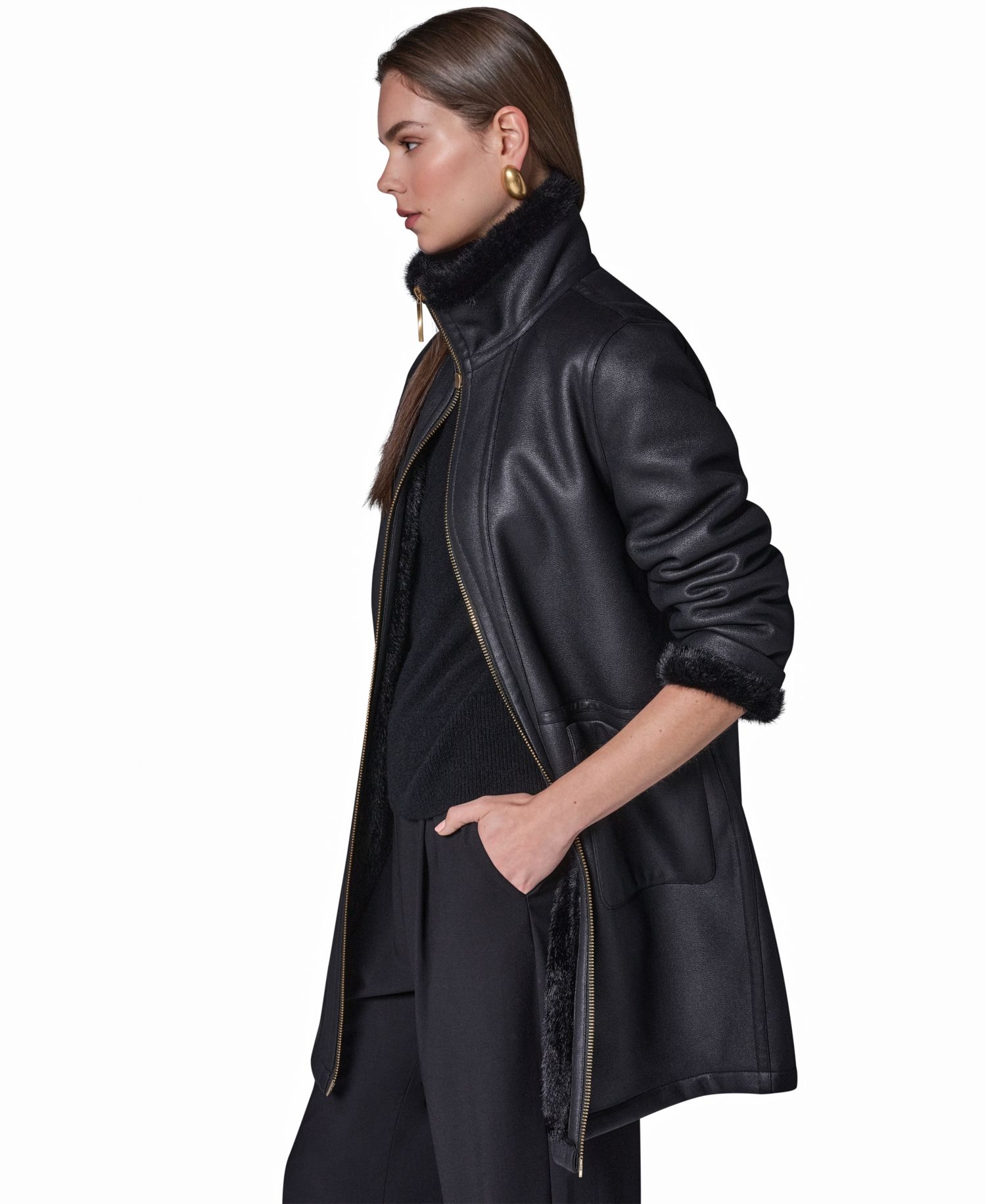 Women's Faux Shearling Long-Sleeve Spread Collar Coat