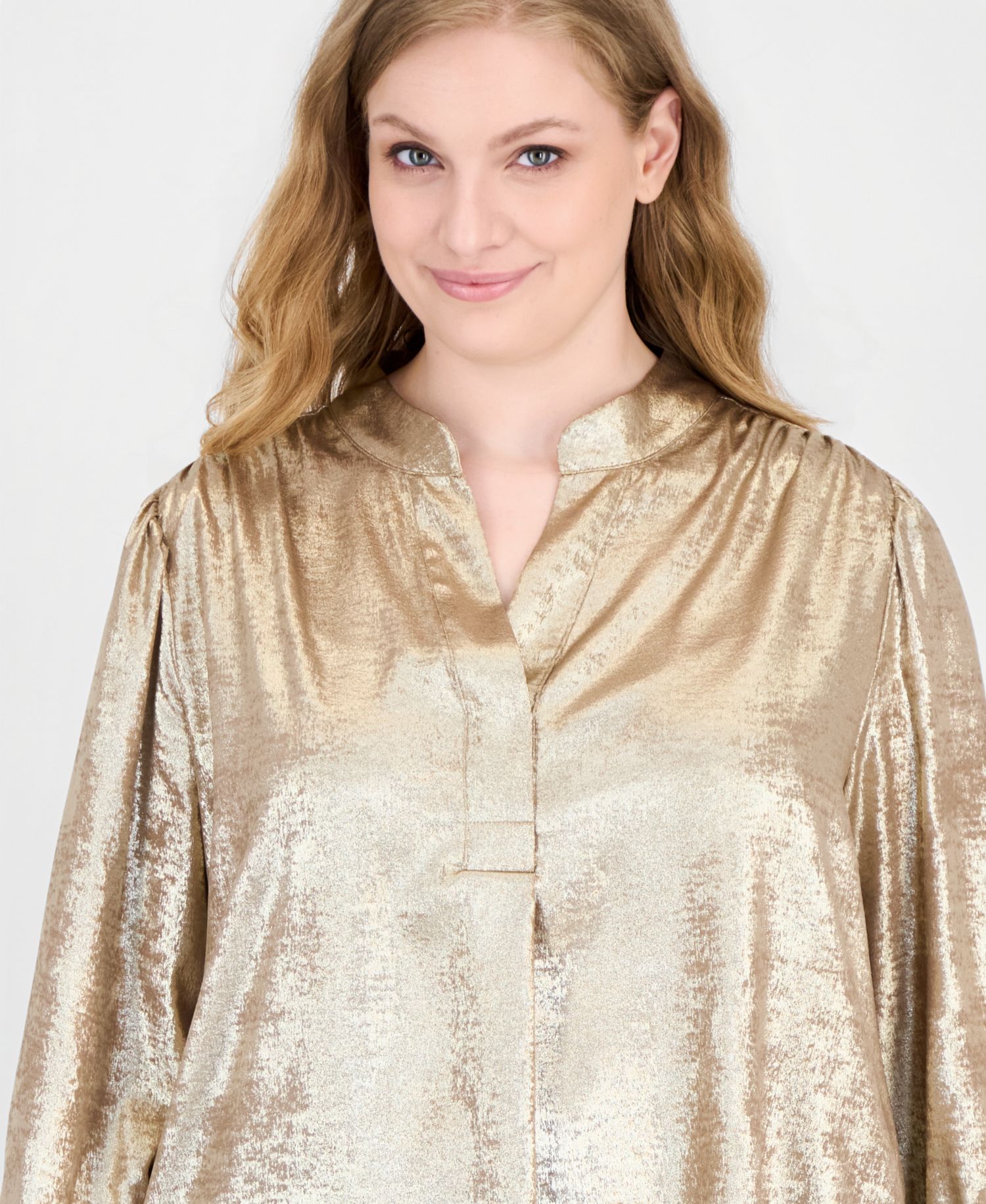 Plus Size V-Neck Pleat-Front Long-Sleeve Blouse