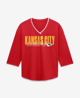 Women's Kansas City Chiefs Team First Deceptive Juke 3/4-Sleeve V-Neck Oversized Graphic T-Shirt