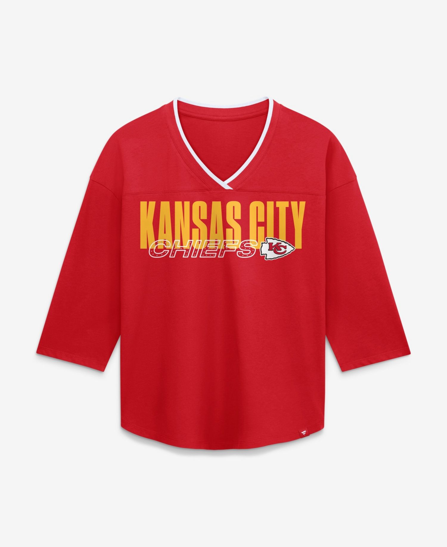 Women's Kansas City Chiefs Team First Deceptive Juke 3/4-Sleeve V-Neck Oversized Graphic T-Shirt