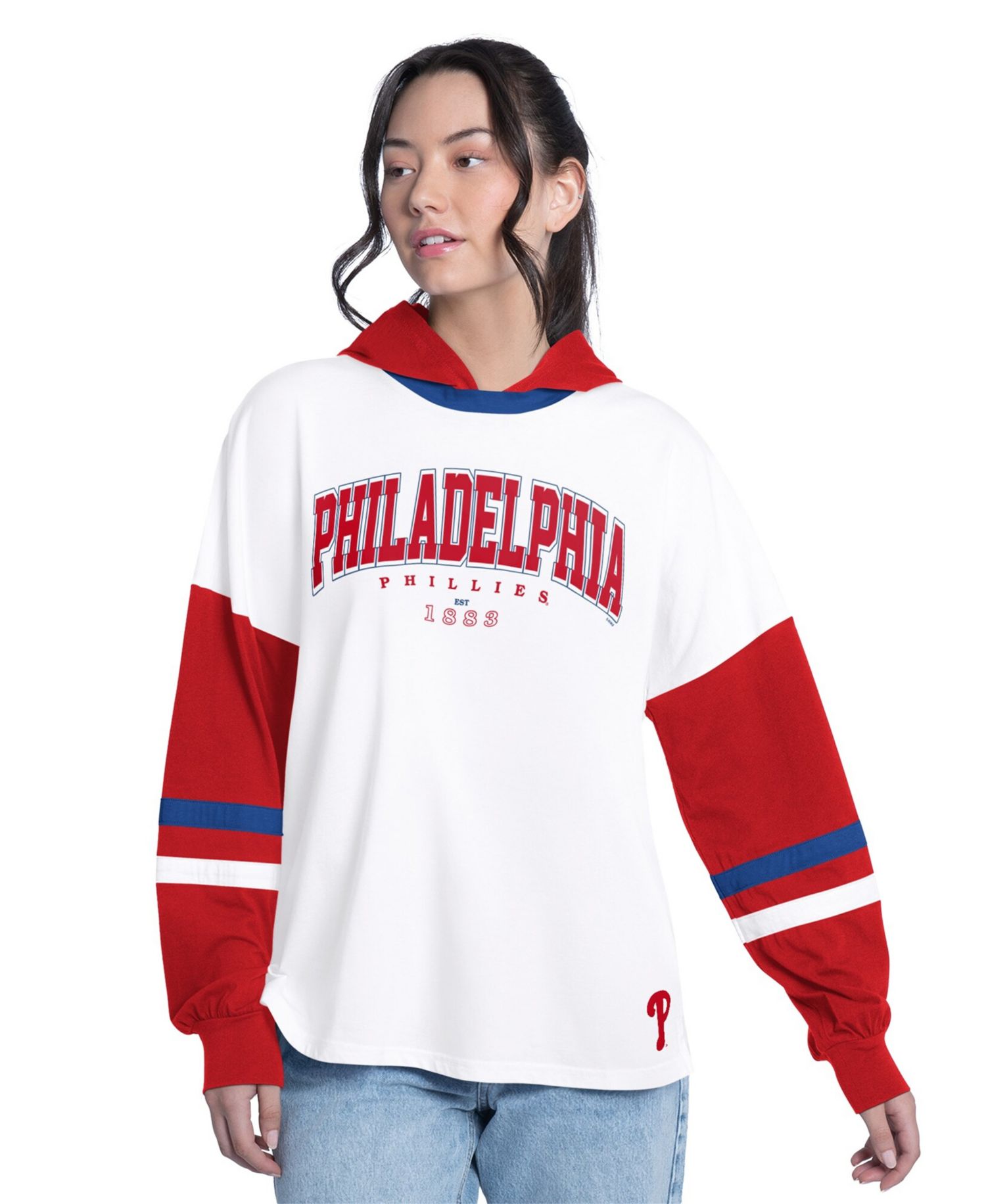 Women's White/Red Philadelphia Phillies Key Player Oversized Hooded Long Sleeve T-Shirt