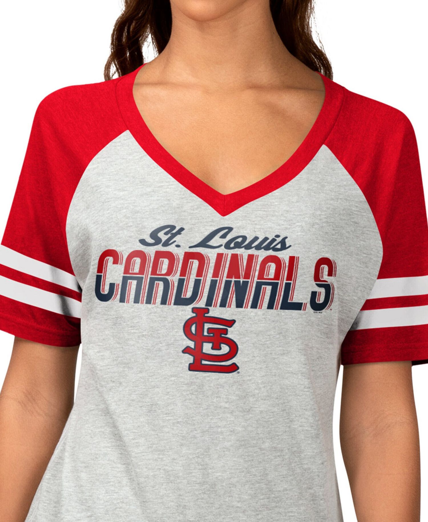 Women's Heather Gray St. Louis Cardinals Goal Line Raglan V-Neck T-Shirt