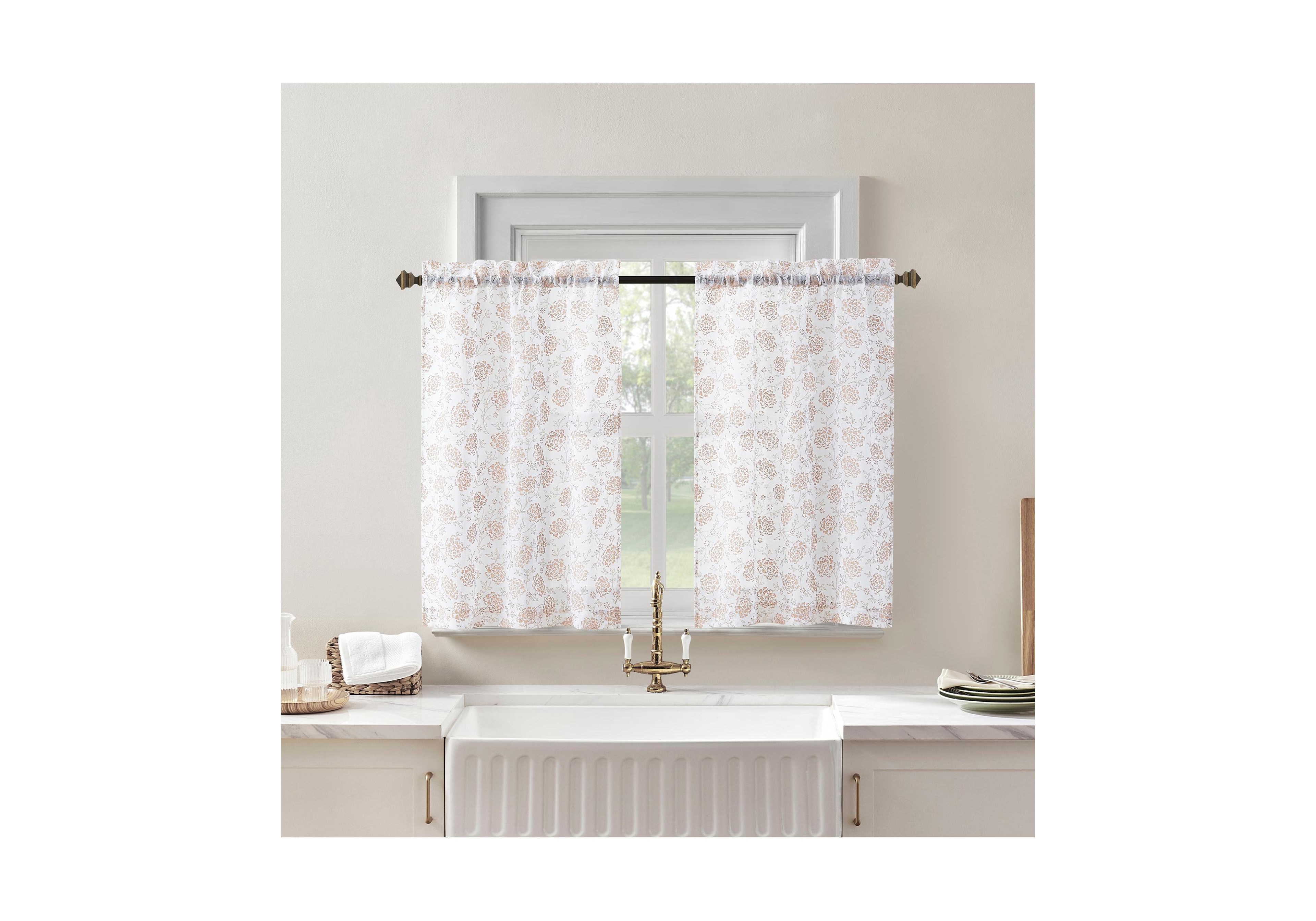 No. 918 Jacqueline Tonal Floral Puff Print Semi-Sheer Rod Pocket Kitchen Curtain Tier Pair