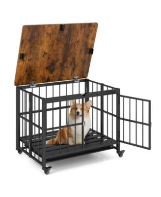 Foldable Dog Crate Furniture with Removable Tray Lockable Door and Rolling Wheels