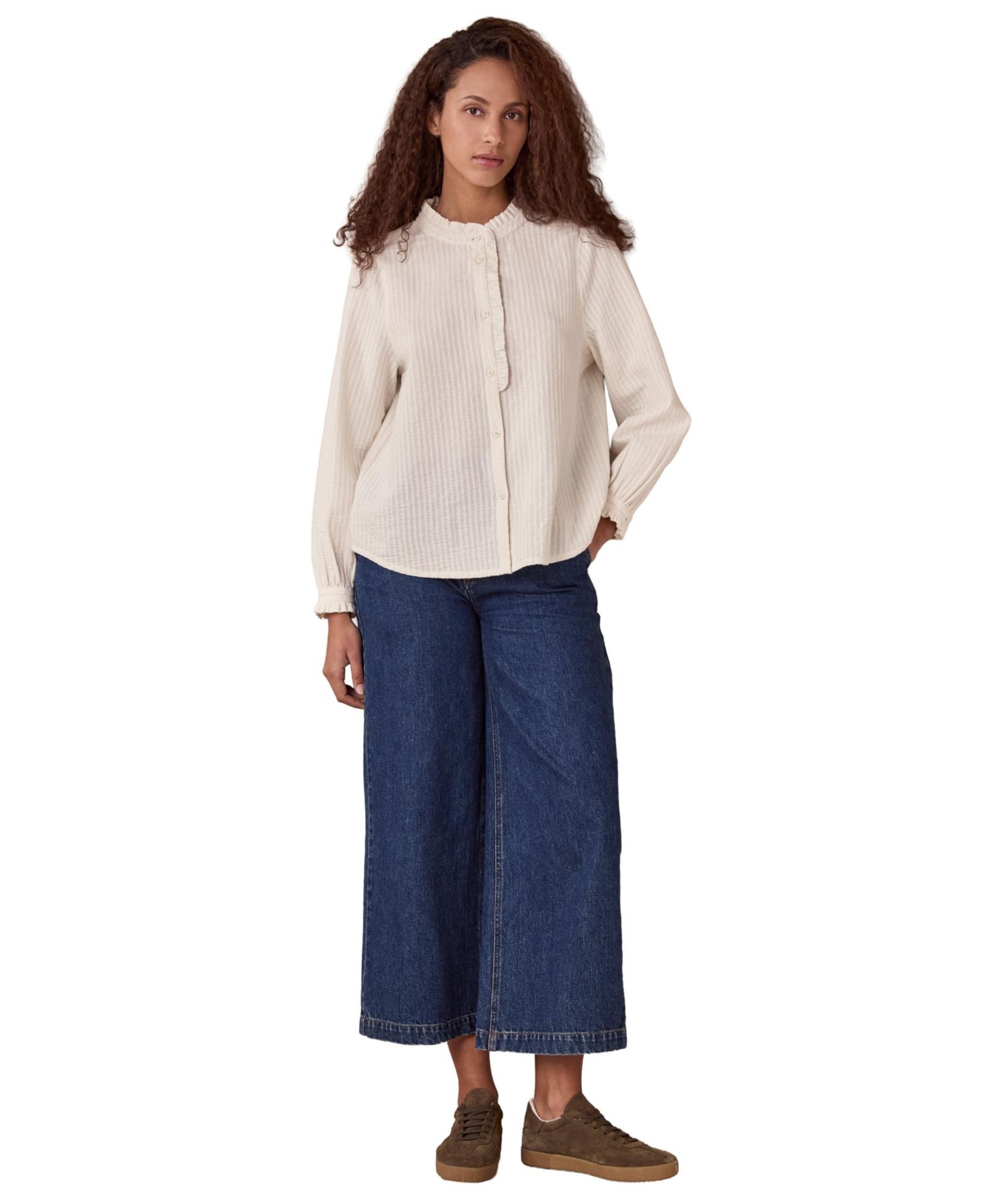 Women's Textured Cotton Shirt With Frill Collar