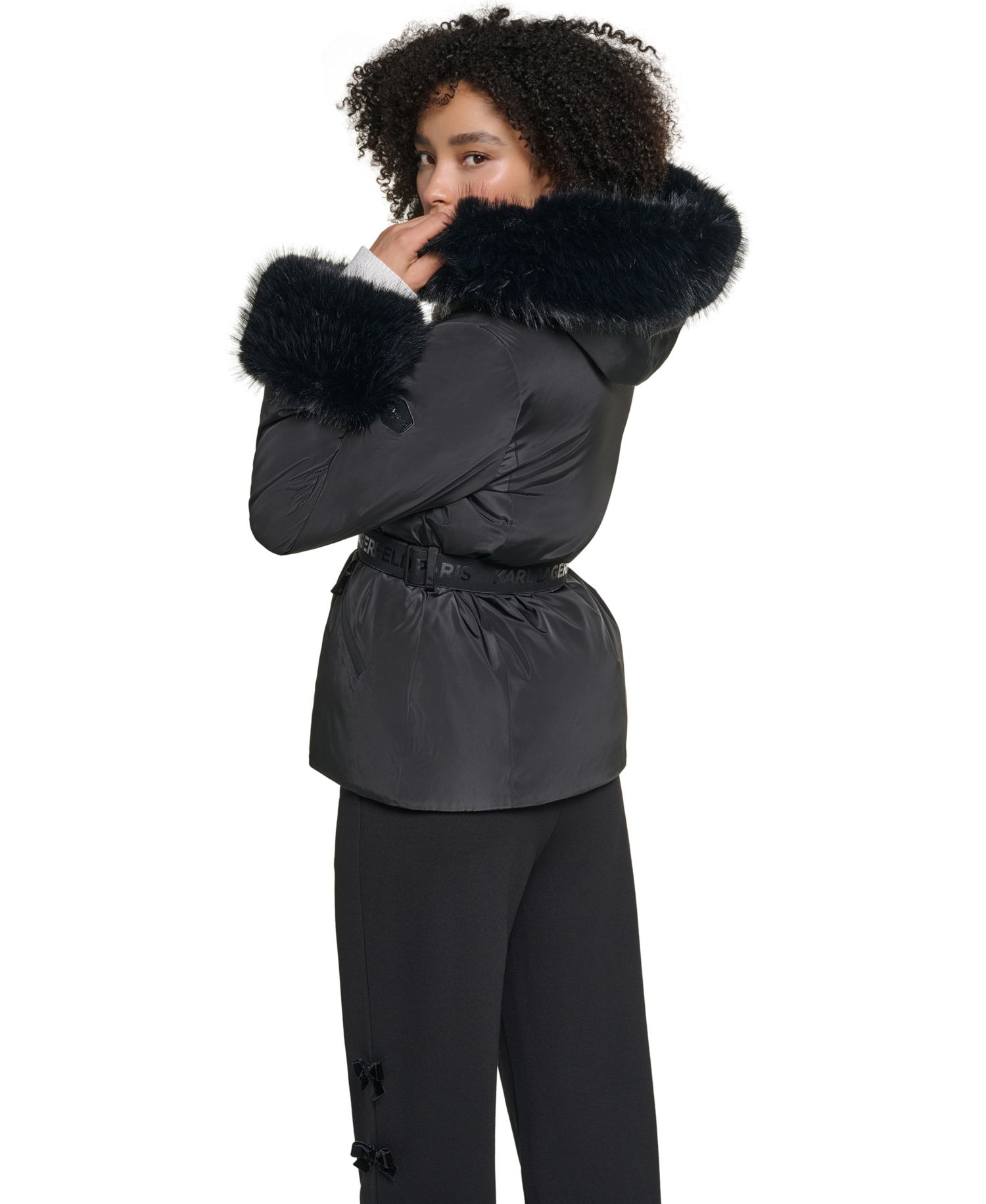Women's Faux-Fur Trim Cuff and Hood Belted Puffer Jacket