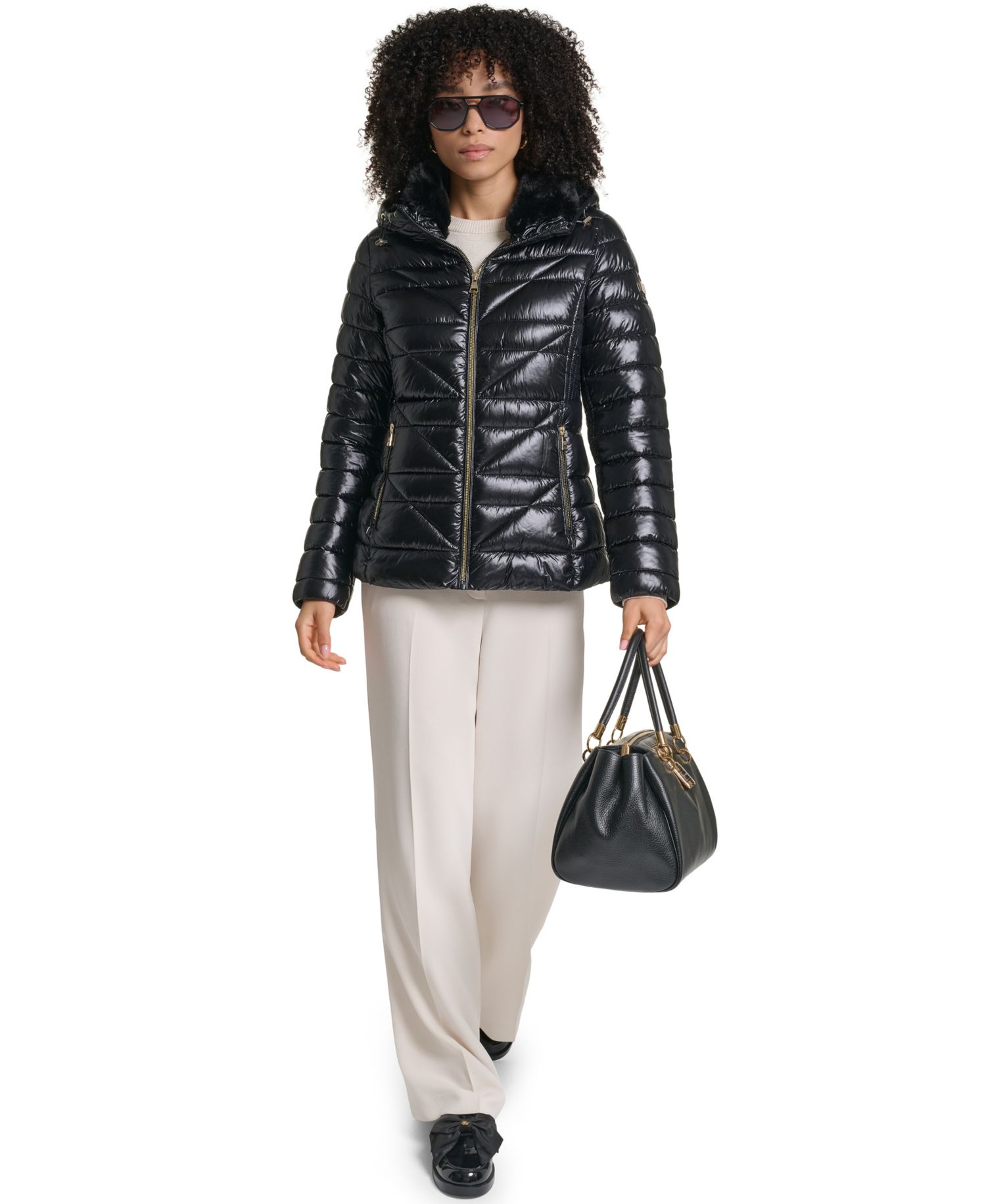 Women's Short Hooded Faux Fur Collar Puffer Jacket