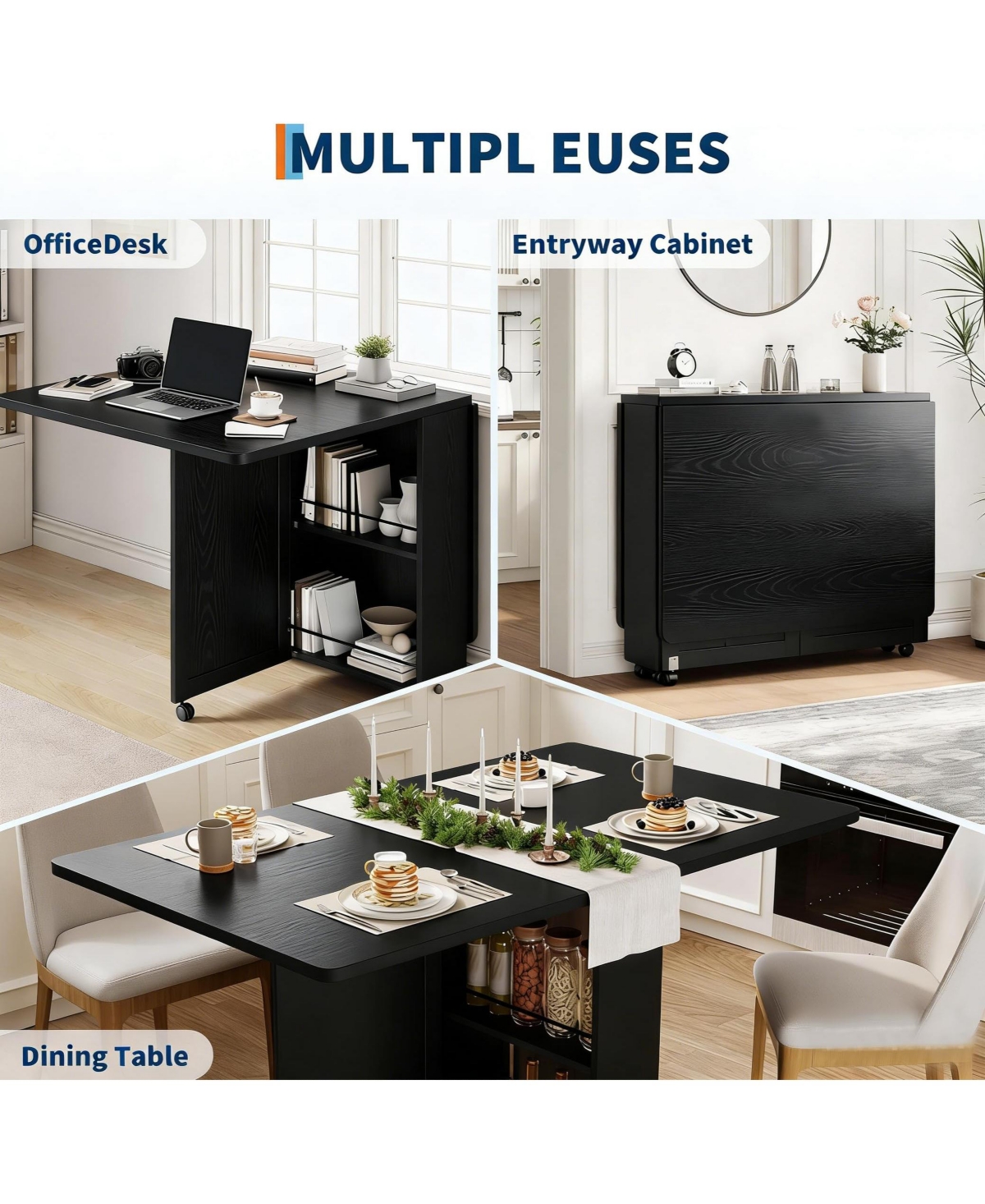 homfan Folding Dining Table with Storage, Kitchen 6 Wheels, Drawer and Shelves, Compact for Small Spaces