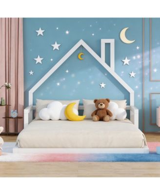 Full Wood Floor Bed Frame with House-Shaped Headboard and Chimney